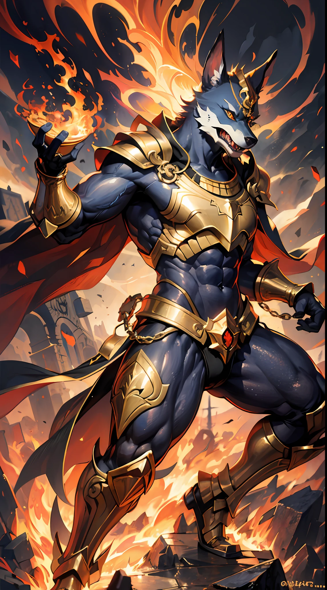 (high quality), photorealistic, (oil painting)
jewelry, (solo),
(dynamic pose), towards right, ((hell gate)), fire, hell landscape, (the underworld), (dark landscape),
anubis, egyptian jackal headed god, anthro, muscular, (holding golden scales), dynamic pose, cinematic, dramatic camera angle, golden armor:0.25, black & gold cape, (good anatomy), (good proportions), award winning, masterpiece, centered,