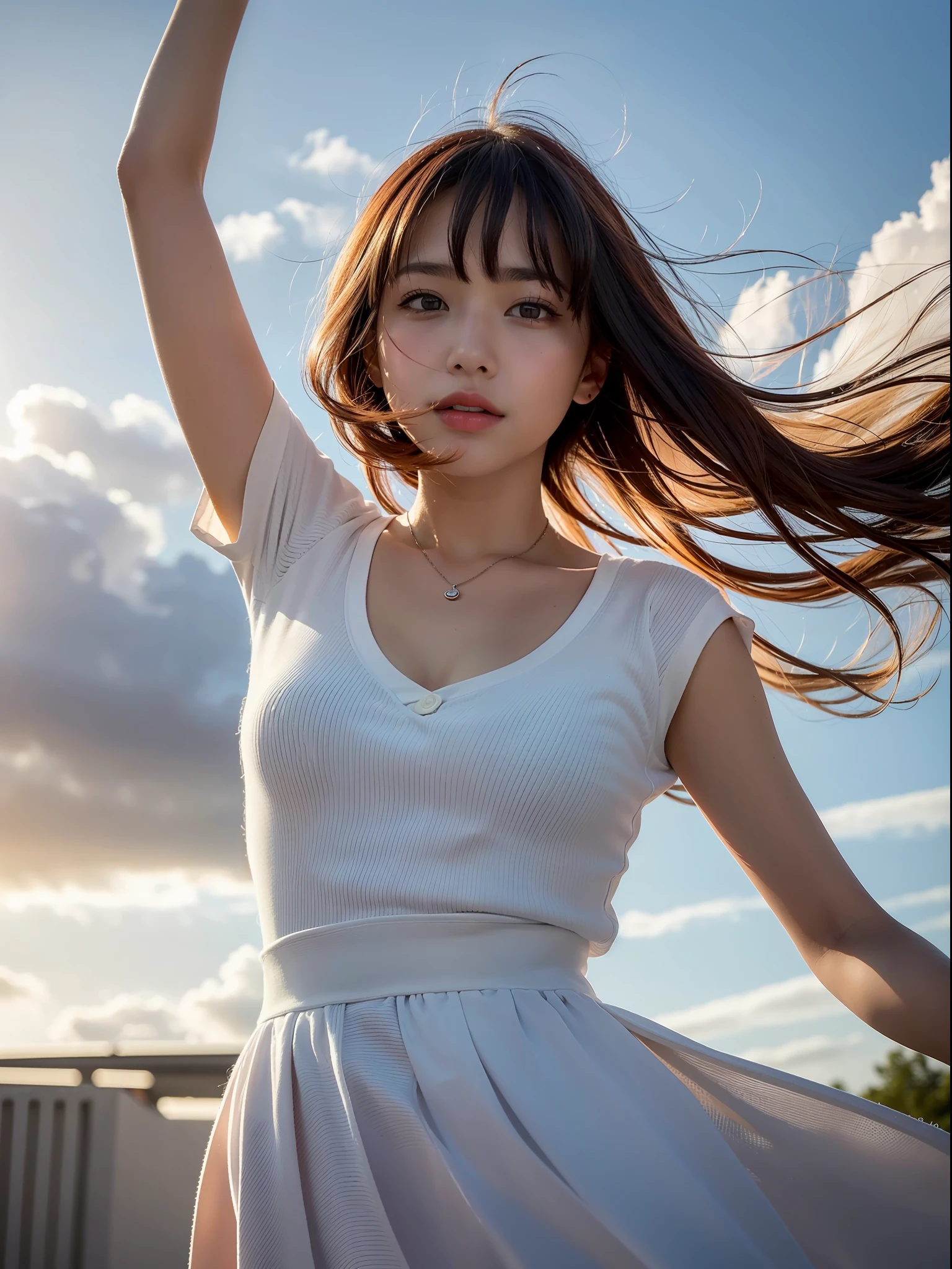 ((top quality, 8k, masterpiece: 1.3, raw photo)), Sharp Focus: 1.2, (1 aespa girl: 1.2), (Realistic, Photorealistic: 1.37), (face focus: 1.1), cute face, small breasts, flat chest, short hair, (white clothes: 1.1), skirt, walking, arms up, from below, sunlight, movie lighting, A beautiful girl with her hair blowing in the wind under the blue sky with white clouds