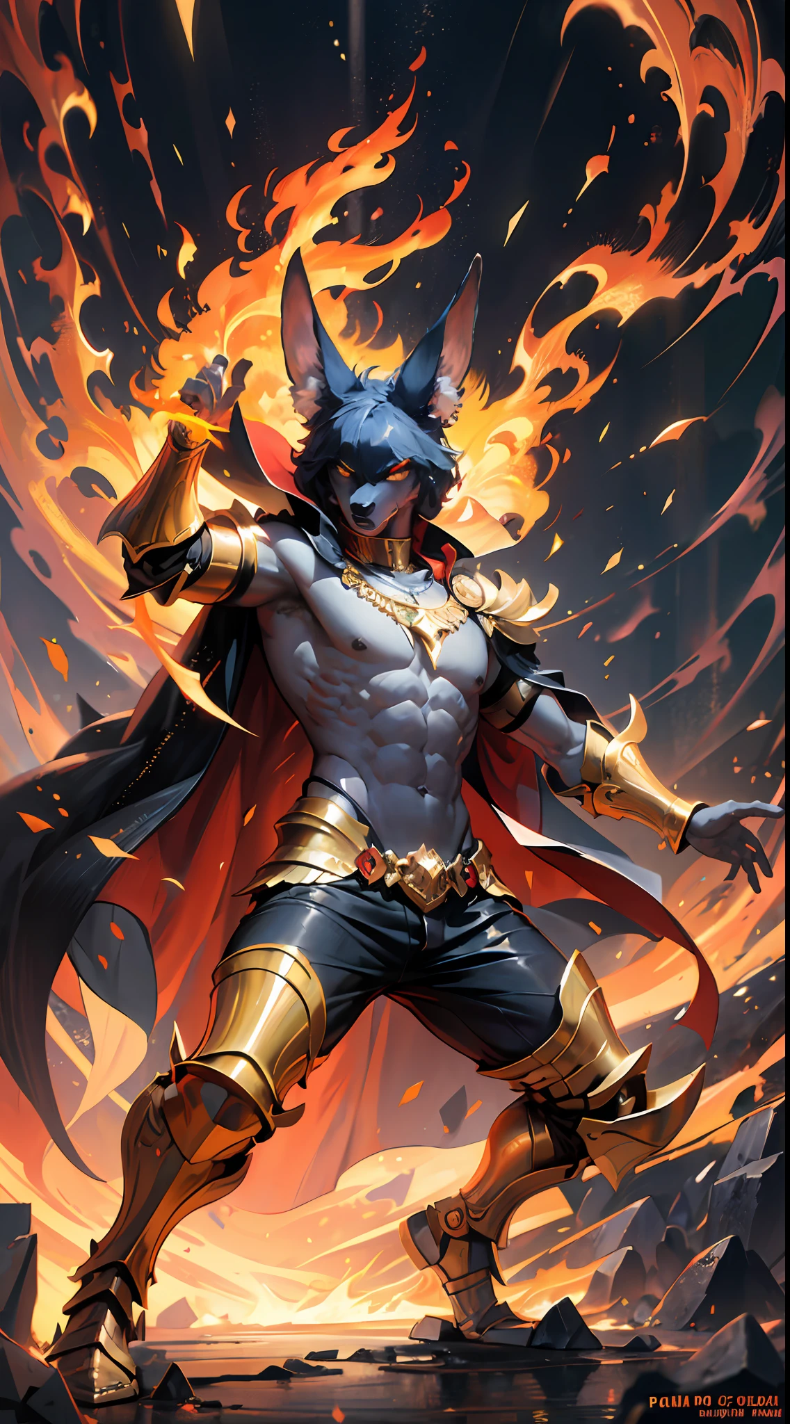 (high quality), photorealistic, (oil painting)
jewelry, (solo),
(dynamic pose), towards right, ((hell gate)), fire, hell landscape, (the underworld), (dark landscape),
anubis, egyptian jackal headed god, anthro, muscular, (holding golden scales), dynamic pose, cinematic, dramatic camera angle, golden armor:0.25, black & gold cape, (good anatomy), (good proportions), award winning, masterpiece, centered,