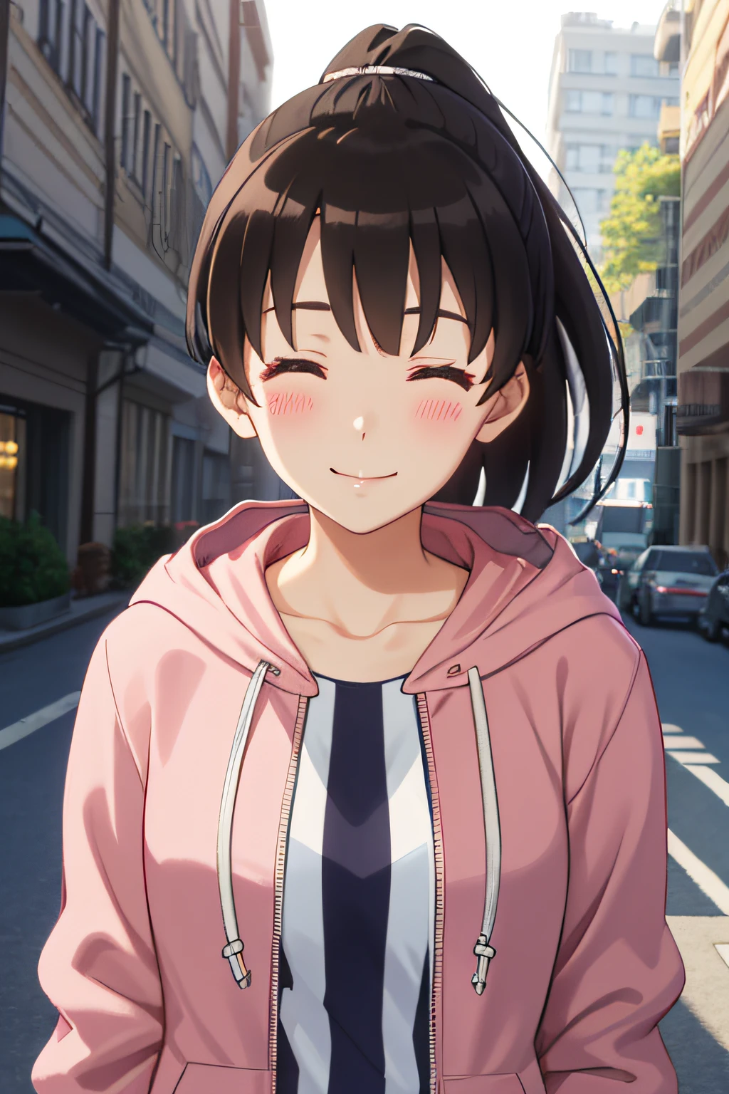 (masterpiece:1.6, best quality), (finely detailed beautiful eyes: 1.2), ph_katou, katouhdshort, 1girl, katoush , solo, closed eyes, smile, ponytail, shirt, jacket, collarbone, open clothes, black hair, long hair, bangs, hoodie, brown hair, closed mouth, striped, white shirt, open jacket, hood down, blush, hooded jacket, facing viewer, pink jacket, ^_^, striped shirt, long sleeves, anime coloring
