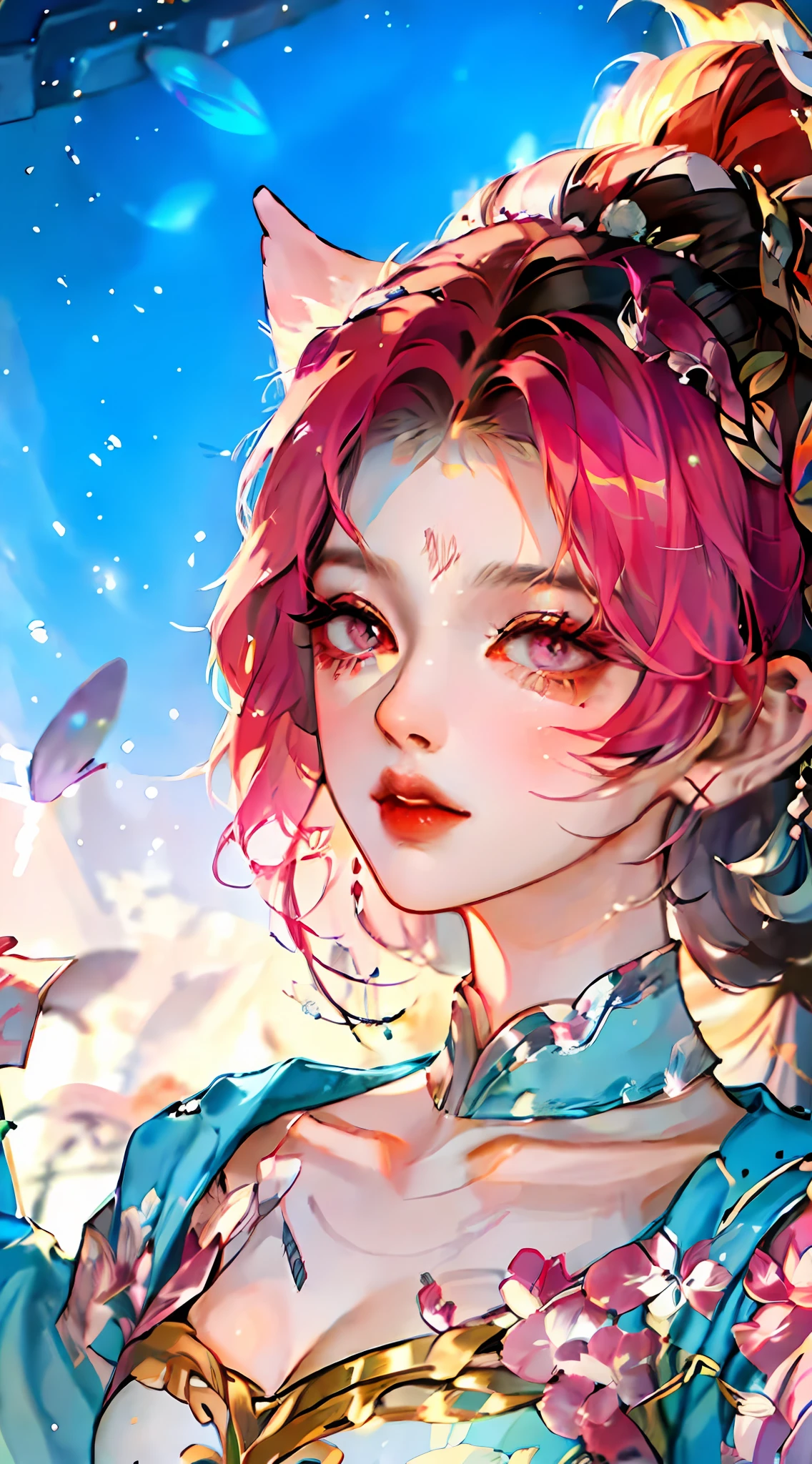 realisticlying,(masterpaintings,top Quority,optimal quality,offcial art,Beauty and aesthetics:1.2),Heavily detailed,s fractal art,extremely colorful,Most detailed,Daji nine-tailed fox,(Abstract background:1.5),(Glory to Kings),(1girl huge large breasts:Whole human body),(Fox class)(Nine tails) ,Pink hair,Eyes,earnestly,Charming,Comb back,short-cut hair,,galactic,Dreamlike