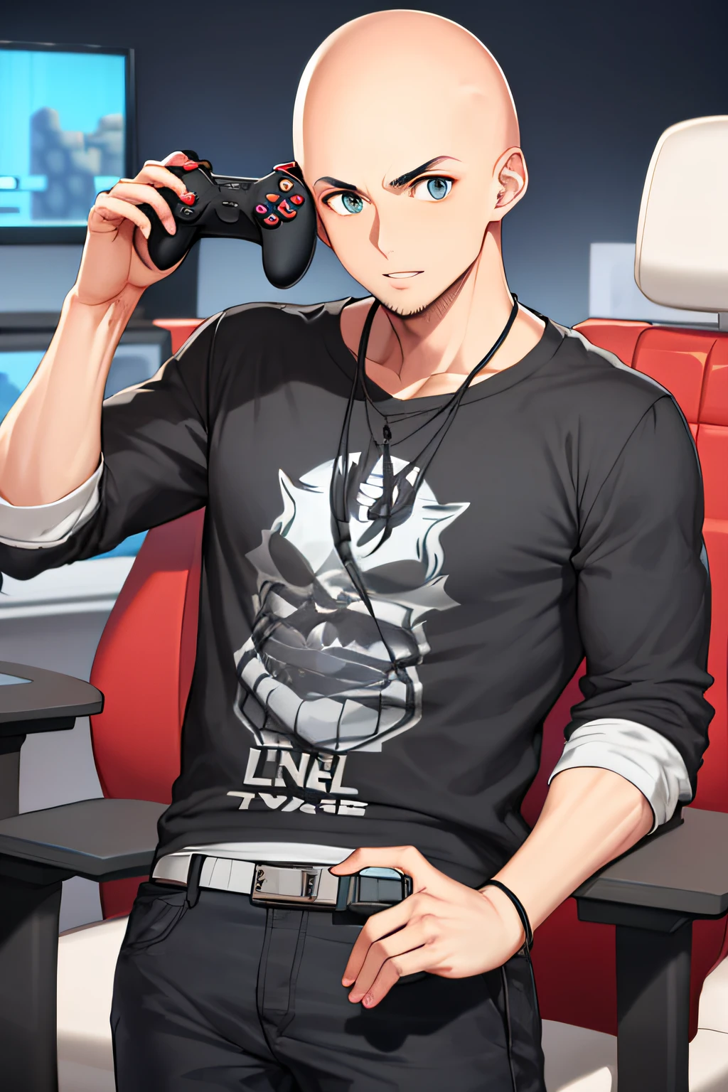 one boy, bald, careca, adulto, careca, moletom laranja, usando moletom laranja, sobrepeso, boca fechada, Video game controller in hand, sentado, olhando no visualizador, Foco masculino, linhas de movimento, divertido, sem cabelo, sem cabelo, barba fina, gordura, acima do peso, segurando o controlador de videogame, estilo anime