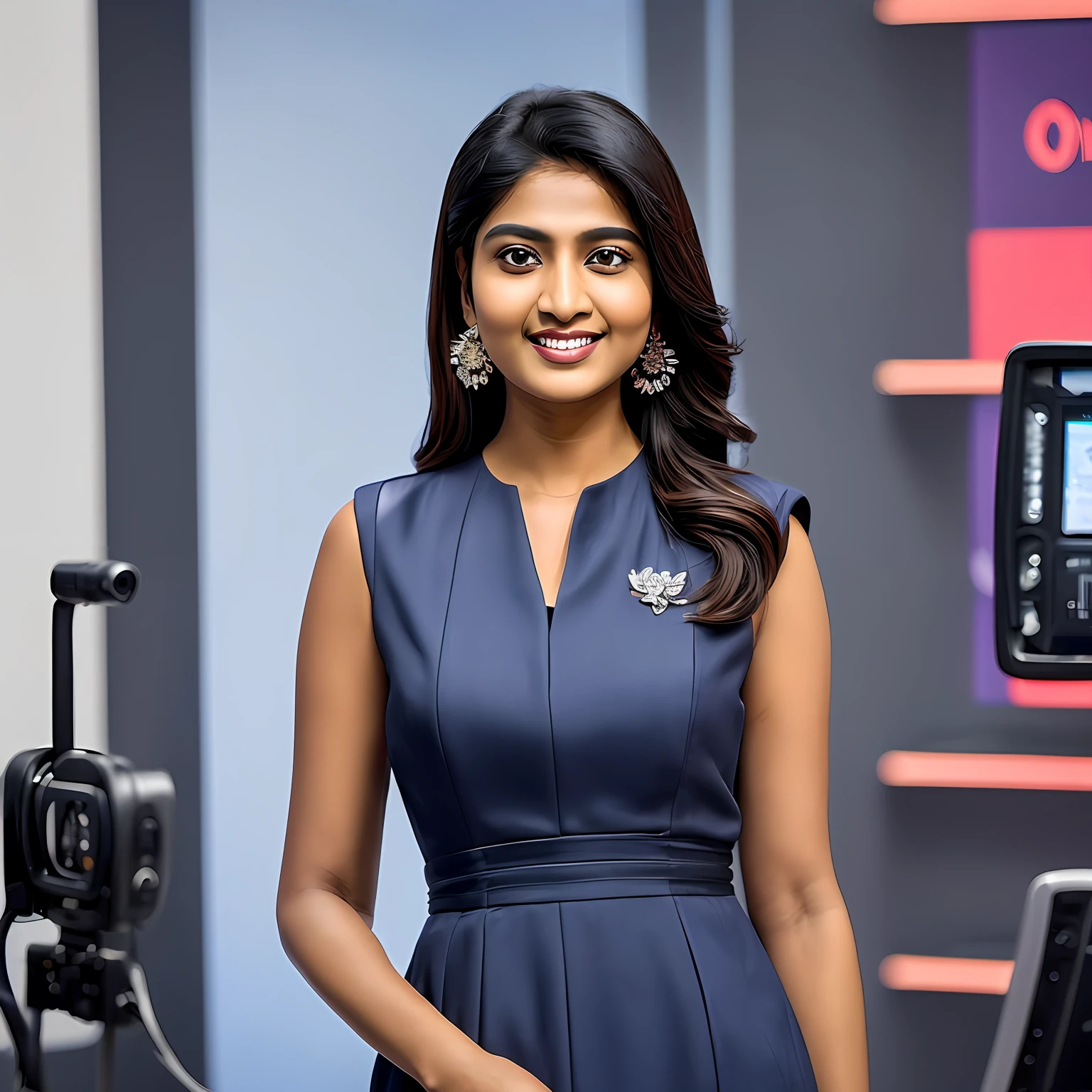 (Beautiful smart Bengali lady age 35, elegant, smart, good-looking, dark eyes, long straight hair, reads news on camera),(ethnic look, colorful, news studio background, studio lighting, mid shot),(Focus on lady's beautiful face, charming smile, attractive eyes),(muted news studio background, out of focus),(sophisticated camera movement, soft color grading, natural ambiance) --auto