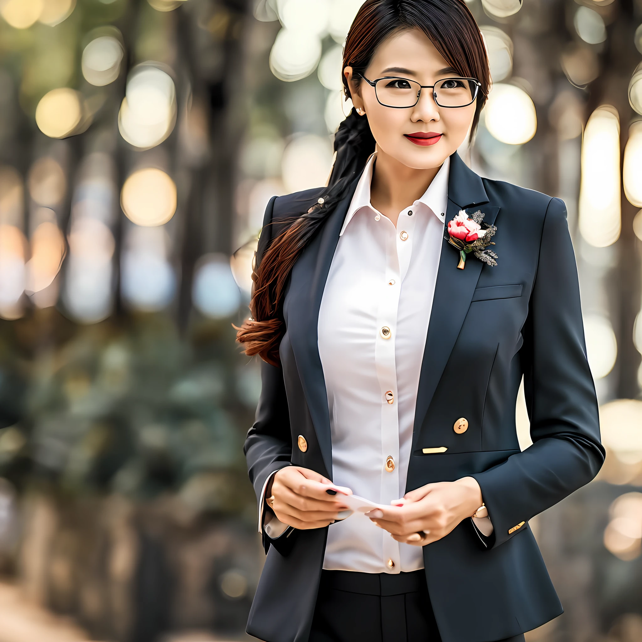 Realistic, fujifilm x-7, bokeh, ultrahigh definition, 8K, 1woman,solo,single, 35 years old, casual elegant suit, thick body, thick thight, medium breast,wearing glasses, tatoo, wear black spat --auto