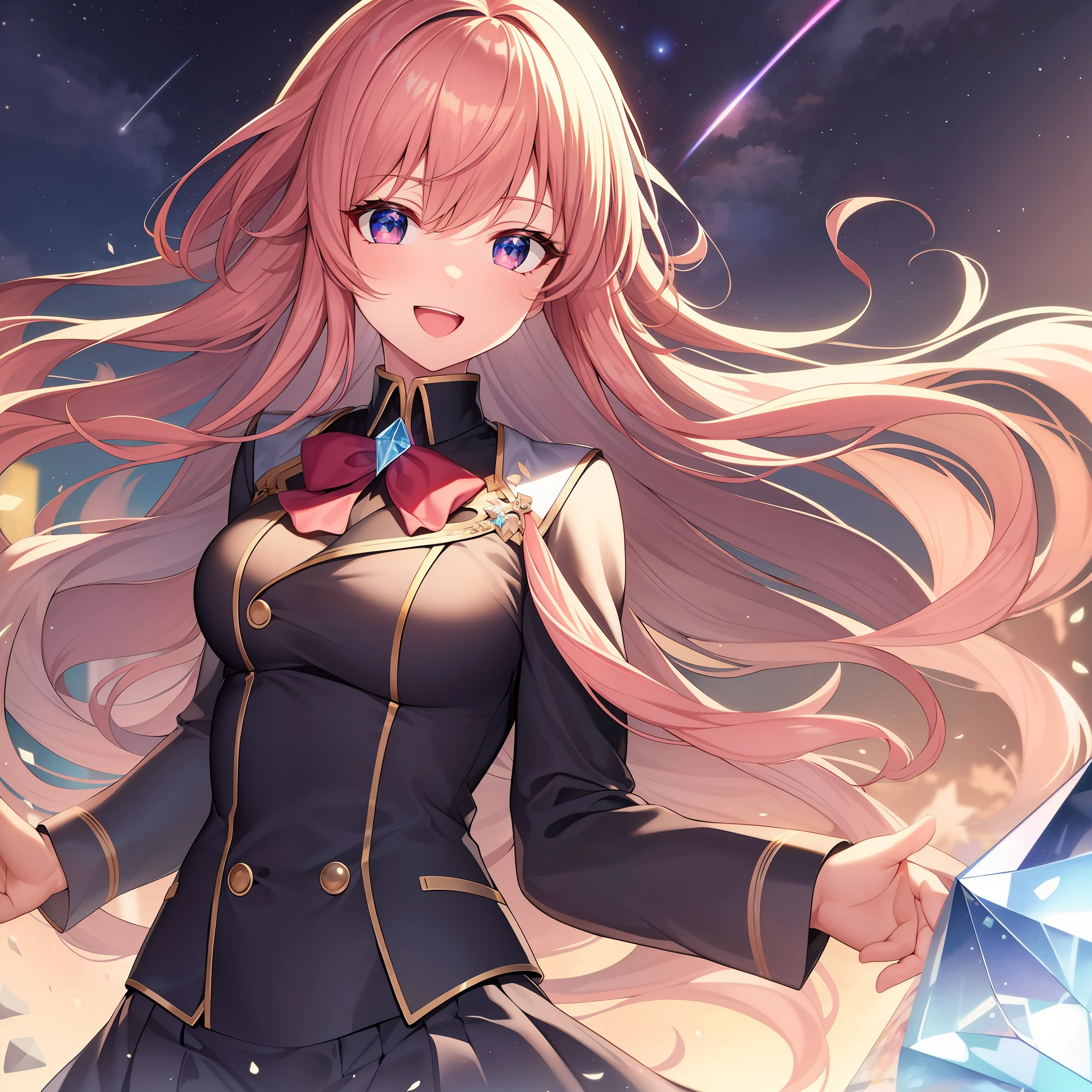 chest out, absurdres, superfine illustration,rainboweffect, highres, ultra detailed,light diffusion,highly detailed light reflection, kaleidoscope, harmonious, best shadow, highly detailed very beautiful big smile face, ;D, beautiful growing crystal diamond star pupil,look at viewer, beautiful detailed hair, solo, dynamic pose, beautiful detailed pink and black ribon, beautiful detailed High school uniform, Fantastic and the whole shines and shooting star and the wind is strong in detail background