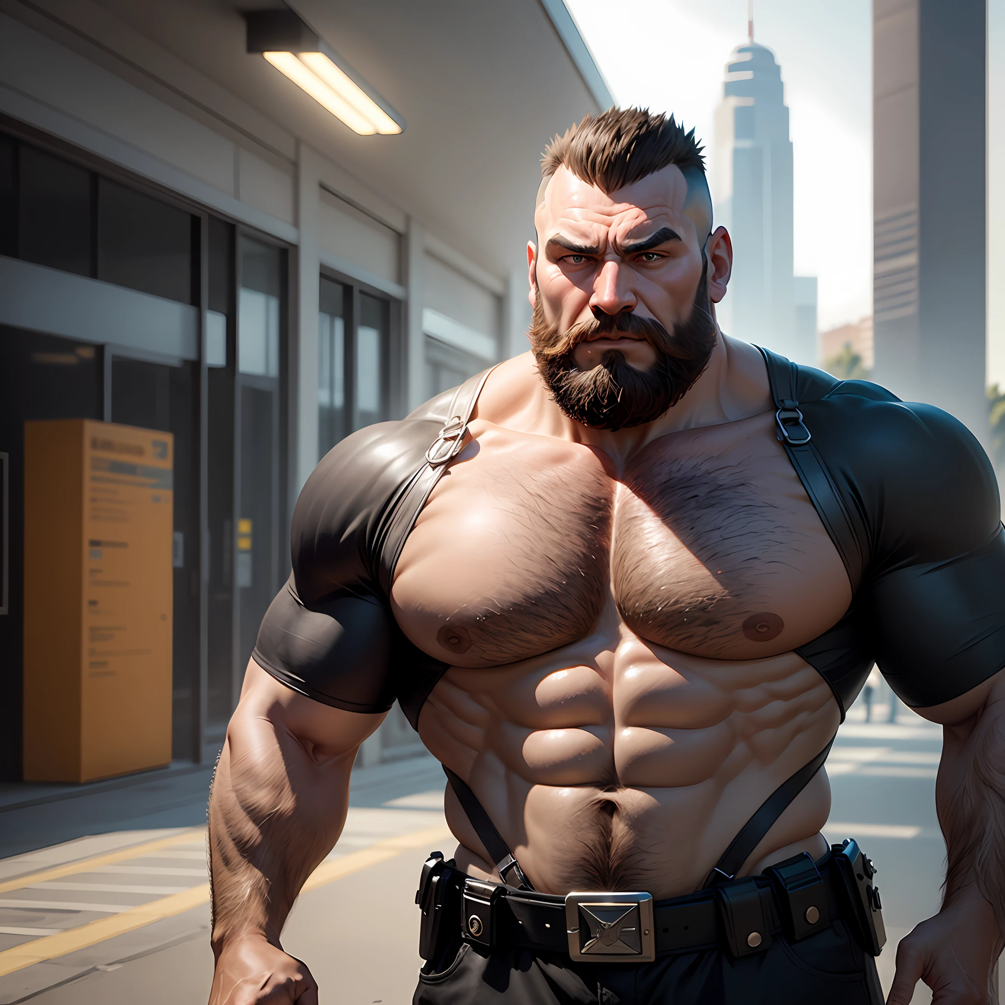 Obra-prima, 1 personagem Zangief Lutador de rua, Lutador de rua, com Cabelos Longos, Cabelos Longos, Ultra realista, ultra sombreamento, Ultra lighting in a police station environment in high depth in 8K resolution. --auto