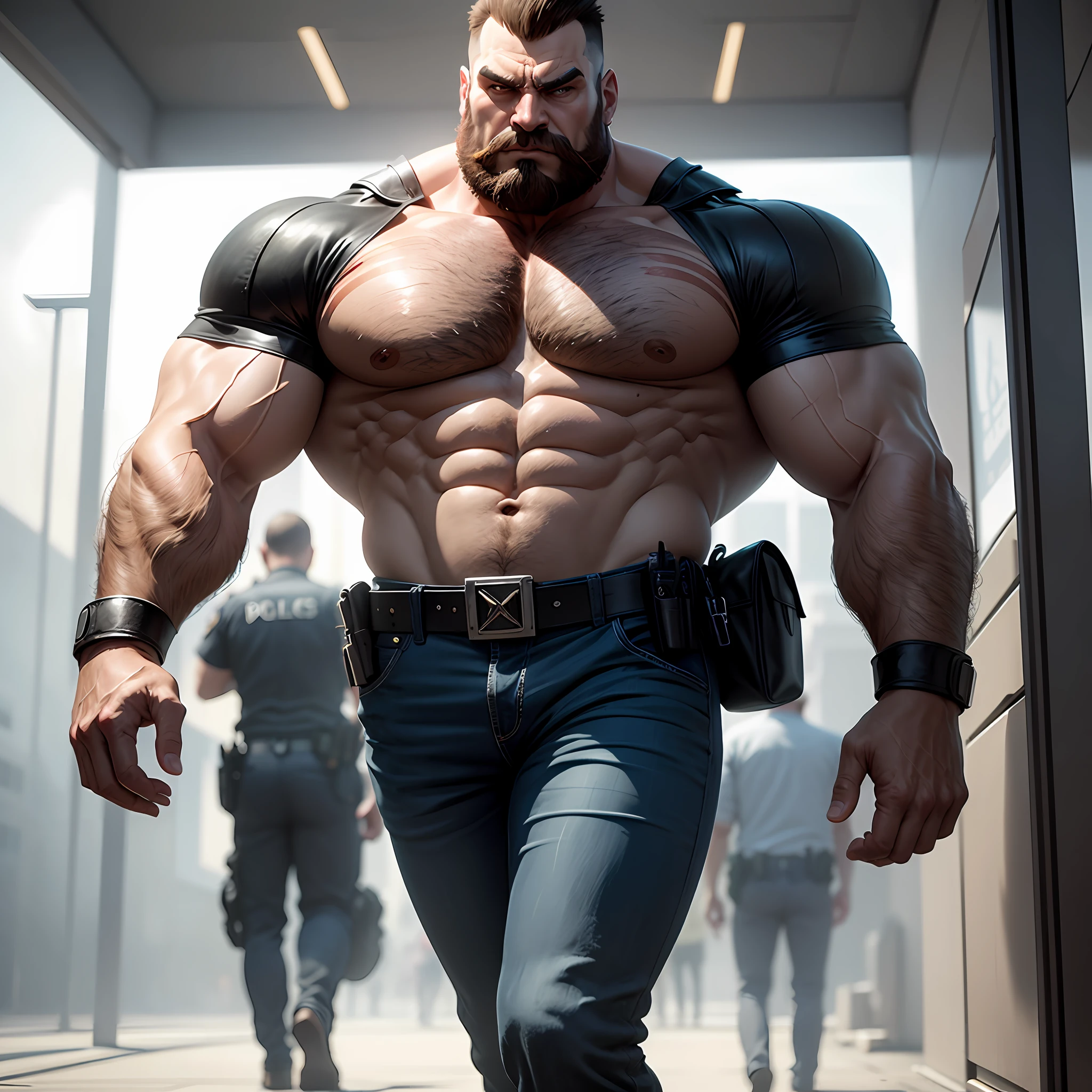 Obra-prima, 1 personagem Zangief Lutador de rua, Lutador de rua, com Cabelos Longos, Cabelos Longos, Ultra realista, ultra sombreamento, Ultra lighting in a police station environment in high depth in 8K resolution. --auto