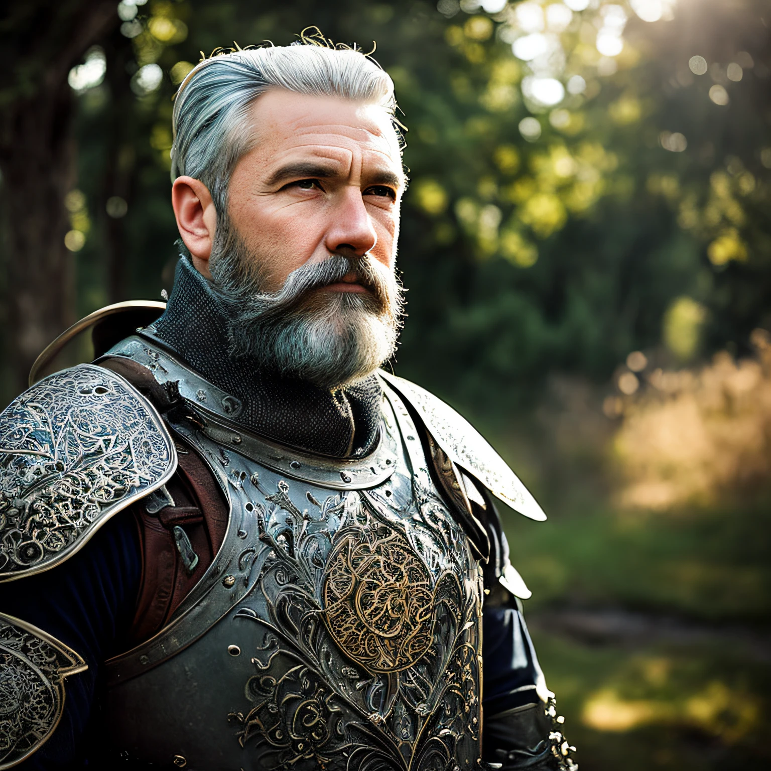 a mulatto soldier with a neat gray beard, very short gray hair, medieval armor, black, intricately ornamented, daylight, resplendent, late afternoon, epic light, fantasy, looking at camera, model pose