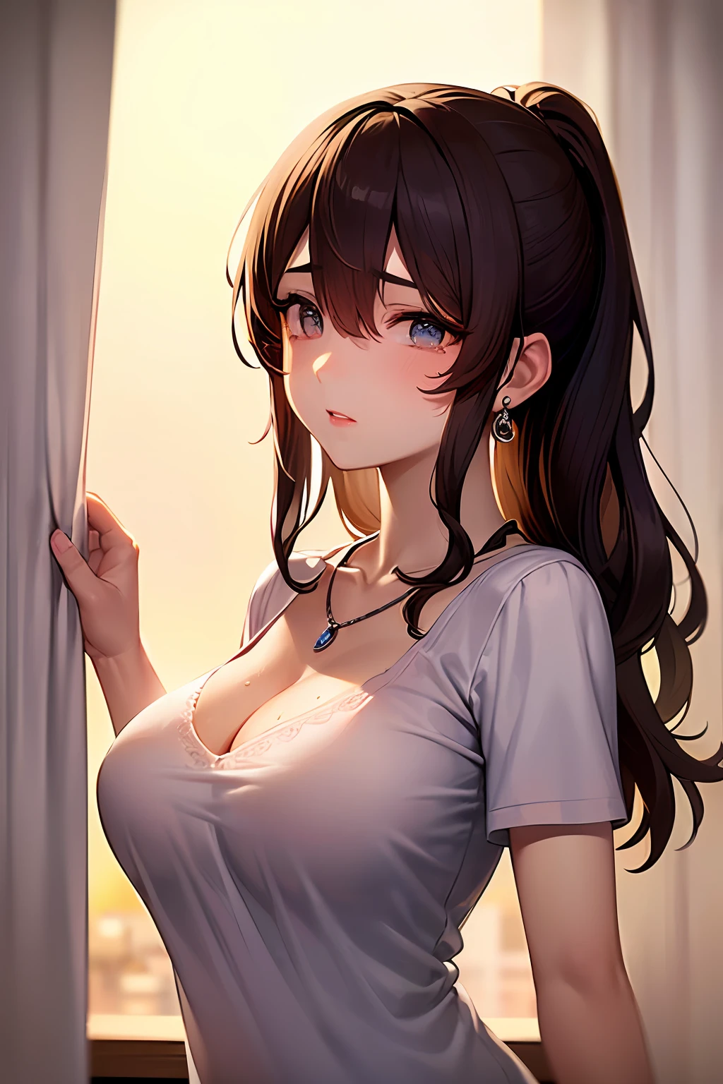 ((POV))), (((chemise: 1.2)))), ((Look up at me))), (Shy look: 1.2)))), (18 years old, neat girl))))), (ponytail in high position, wavy hair, brown hair, bangs flowing diagonally), medium long hair, scene seen from above, (((upper body shot: 1.2)), (focus on chest and face), (( Very intimate relationships: 1.2)), ((Big breasts)), (Upturned breasts), (((In the classroom where the setting sun shines: 1.2)), ((Standing opposite her inside the curtains fluttering in the wind)), ((She is wrapped in thin curtains)), (Staring at me with upward eyes)), Highly detailed face and skin texture, Detailed eyes, Double eyelids, Natural cheeks, Blue eyes, (((Moist eyes: 1.3)), shiny little necklace and earrings, shiny lips: 1.4, accurate, anatomically correct,