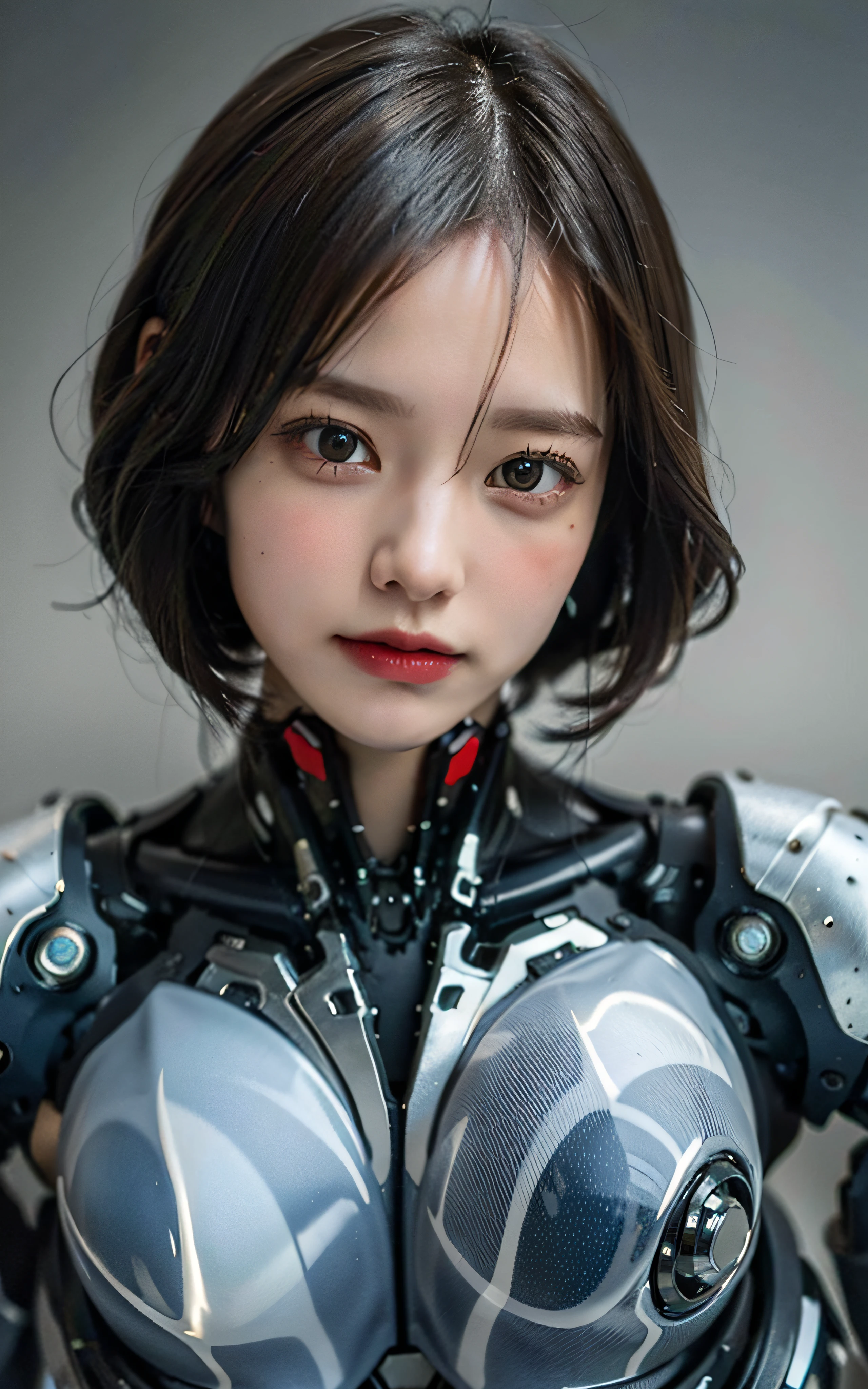 Complex 3D rendering of female cyborg in porcelain、ultra detaild、A girl 1 person (natural skin textures、Realistic eye details: 1.2)、roboticparts、Beautiful soft light、Rim Light、Vivid details、luxuriouscyberpunk、surrealistic、Anatomical、face muscles、Cable Electrical Wire、microchips、elegent、beatiful backgrounds、Rendu octane、APPLE STYLE、8k、best quality、A masterpice、illutst、an extremely delicate and beautiful、CG、A sense of unity、wall paper、(Realstic、photorealestic:1.2)、splendid、finelydetail、A masterpice、best quality、Official Art、Highly detailed CG Unity 8k wallpapers、incrediblyabsurdres、Sexy Robot、Mechanical skeleton、android、surrealism、Doomsday Wilderness、(High-tech prosthetics:1.2)、Black shorthair、the perfect body、Complex dark blue vessels、fighting stance, Fighting Pose, Dynamic poses、Armed