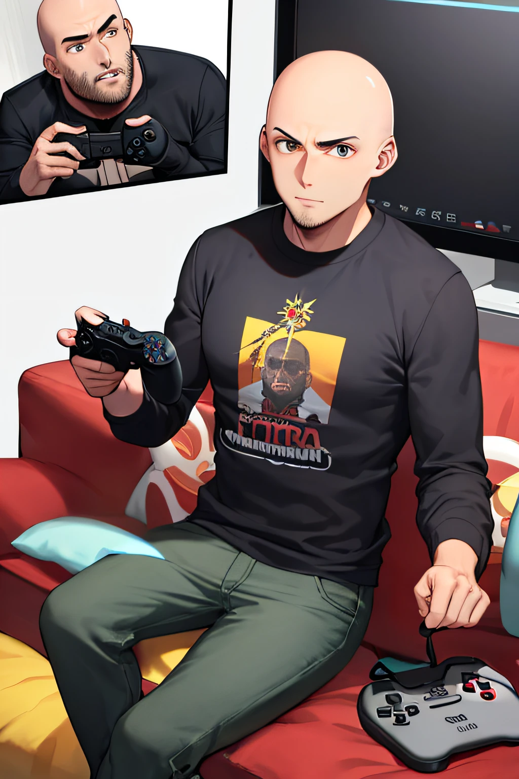 one boy, bald, careca, adulto, careca, moletom laranja, usando moletom laranja, sobrepeso, boca fechada, Video game controller in hand, sentado, olhando no visualizador, Foco masculino, linhas de movimento, divertido, sem cabelo, sem cabelo, barba fina, gordura, acima do peso, segurando o controlador de videogame, estilo anime