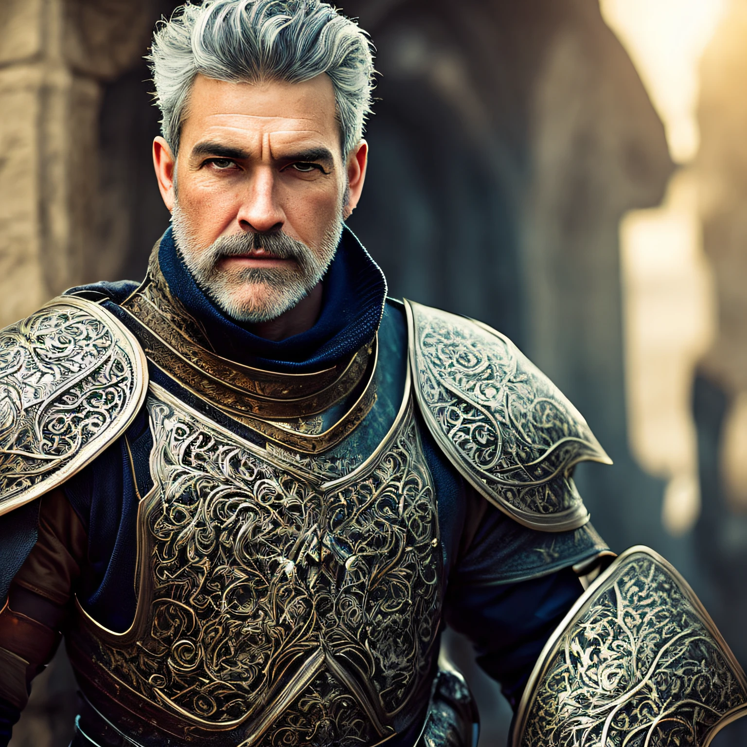 a mulatto soldier with a neat gray beard, very short gray hair, medieval armor, black, intricately ornamented, daylight, resplendent, late afternoon, epic light, fantasy, looking at camera, model pose