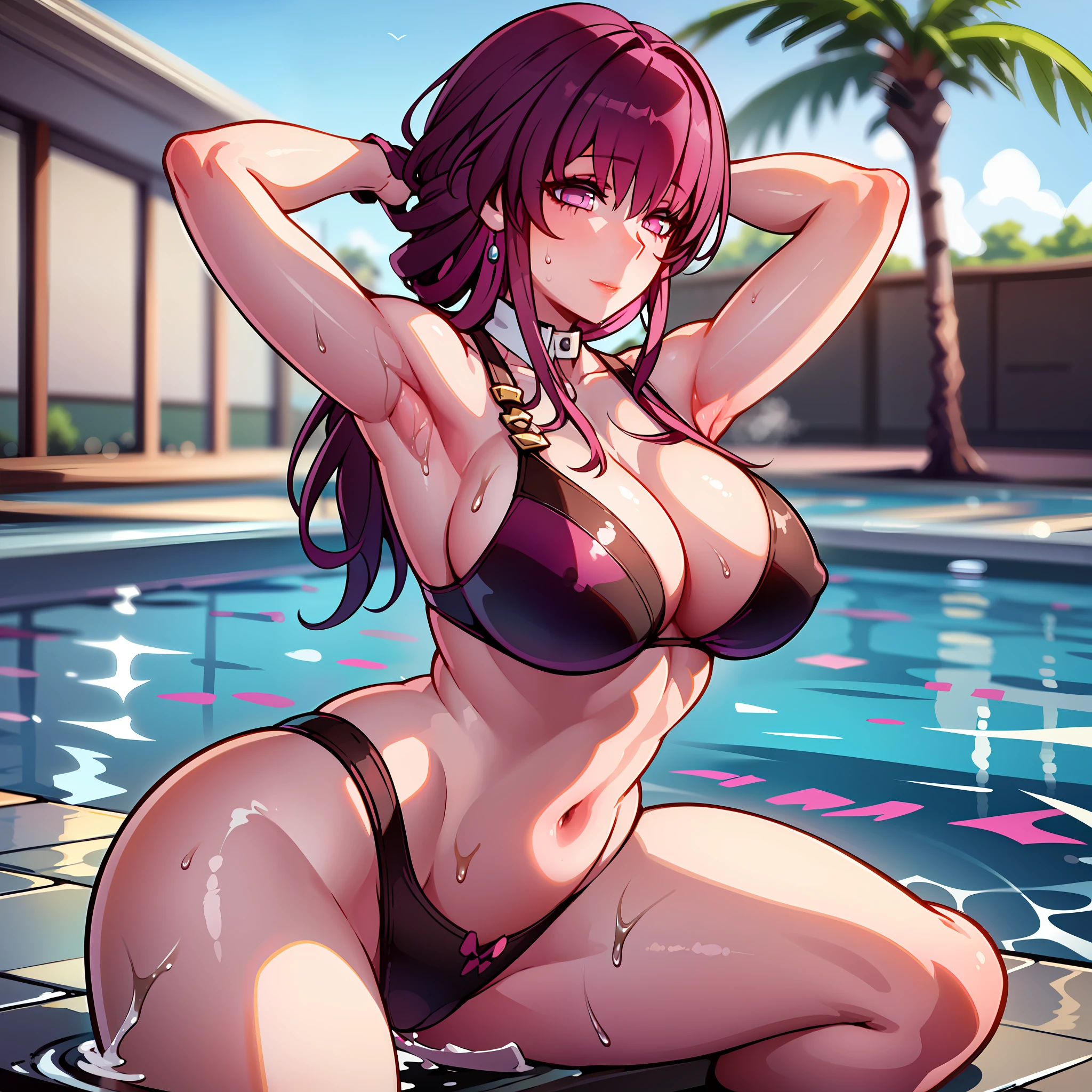 1girl,solo, beautiful, thicc thighs, huge breasts, wearing purple gradient bikini, in swimming pool,pure eyes, realistic pupils, highly details eye, perfect anatomy, good anatomy, good composition, armpits, sweating, Mom, milf, thicc thighs, lubricant skin groin area, oily skin, red armpits, sweat armpits