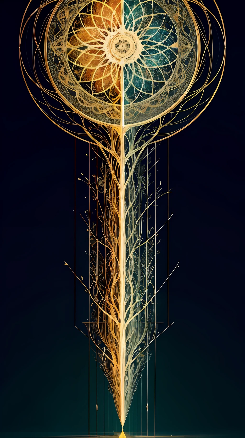 Beautiful symmetrical full body photo painted in oil with thick brushstrokes and wet paint, Fibonacci, golden ratio, melted wax, visible brushstrokes, surrounded by crystal spheres, 3D tessellation wireframe, neural graphic, neurons, tree of life, color, love, passion, oil on canvas, thick brushstrokes, insanely detailed, 8k uhd, masterpiece, artstation, surreal