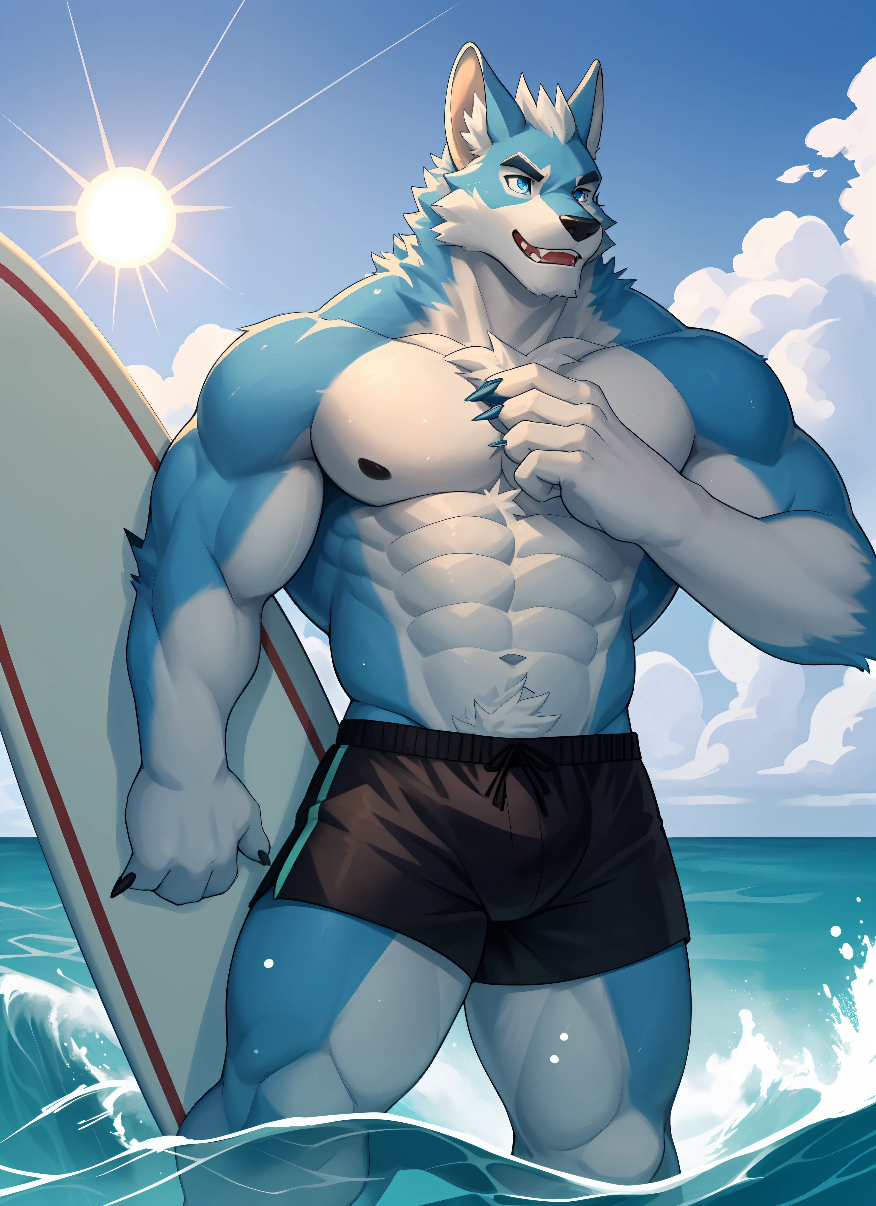 独奏，1boys， Male focus， very muscular， chest muscle， mucular male， Briefs， Sharp nails， During the Day，afloat， Long hairs， Blue fur，Thick legs，Lewd expression，独奏，solo person，swimshorts，Only one person！Cross your hands at the waist，Blue pupil，eye closeup，Surfing，ocean swells，zhangzui，Whole human body，Light，The Sun，Hand detail