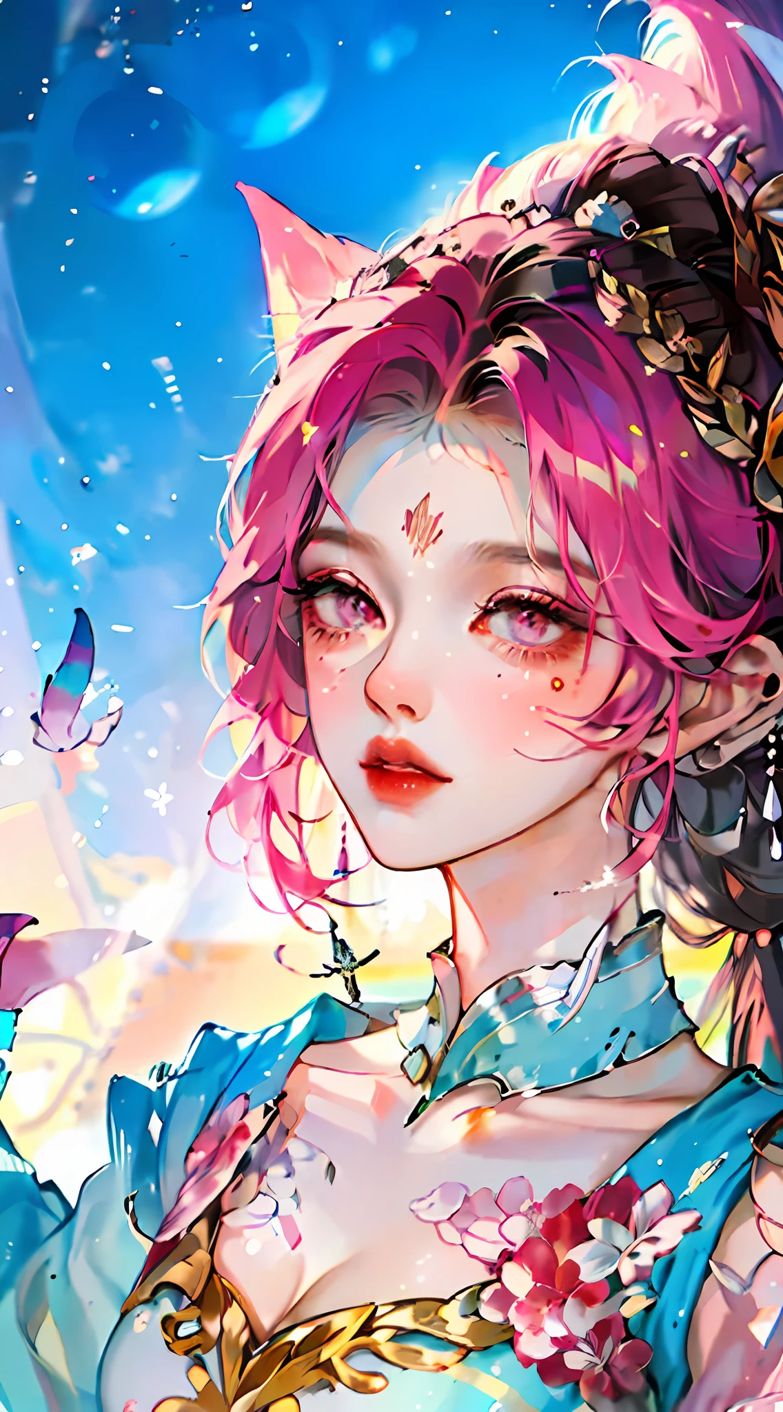 realisticlying,(masterpaintings,top Quority,optimal quality,offcial art,Beauty and aesthetics:1.2),very highly detailed,s fractal art,extremely colorful,Most detailed,Daji nine-tailed fox,(Abstract background:1.5),(Glory to Kings),(1girl huge large breasts:Whole human body),(Fox class)(Nine tails) ,Pink hair,Eyes,earnestly,Charming,Comb back,short-cut hair,,galactic,Dreamlike