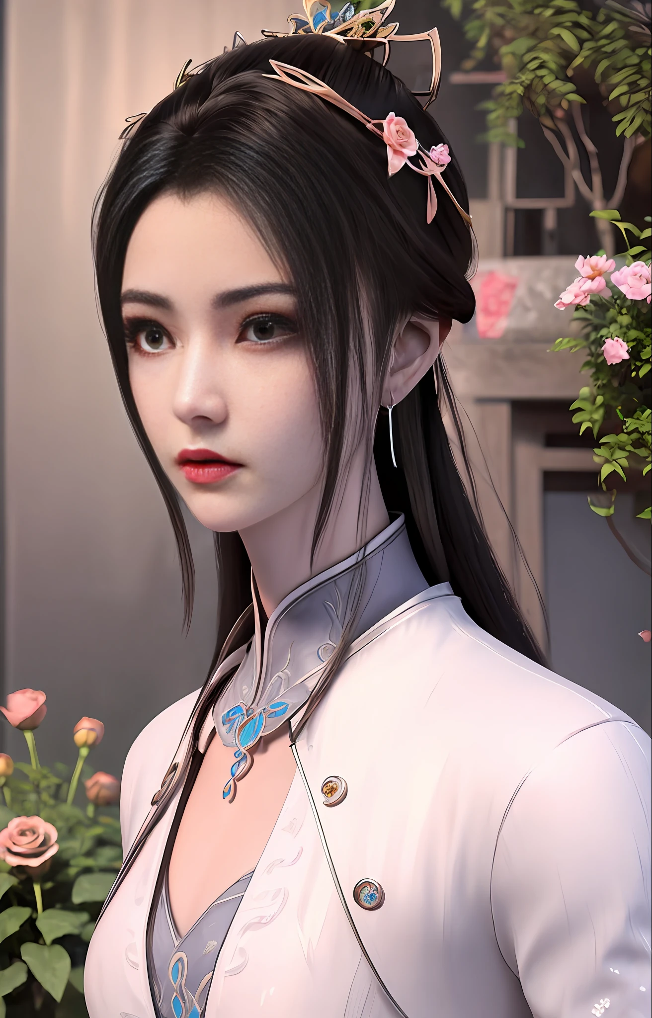 1girl, (upon body:1.3), hair ornament, necklace, jewelry, long hair, earrings, highres, hair ribbon,(Beautiful face:1.2),detailed beautiful eyes, skinny body,shiny skin,Slim waist,(8k_wallpaper), Intricate and refined delicate details,Chinese clothes,toned abs,detached sleeves,playboy bunny, flowers, bushes, roses, rose, pink,