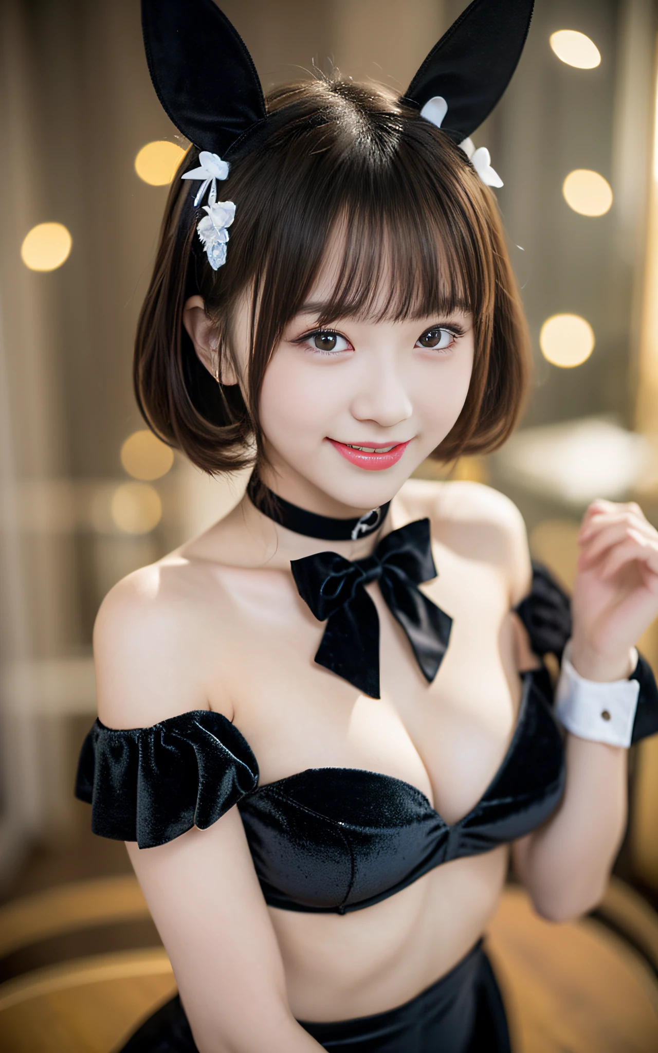 8K, Black velvet bunny girl costume, velvet, a 20 yo woman, Bokeh background, bokeh feeling, Girl's room, a smile, White Skin Skin, A pretty girl, breasts on table, White choker and black bow tie, White cuffs, Short twin tail hair