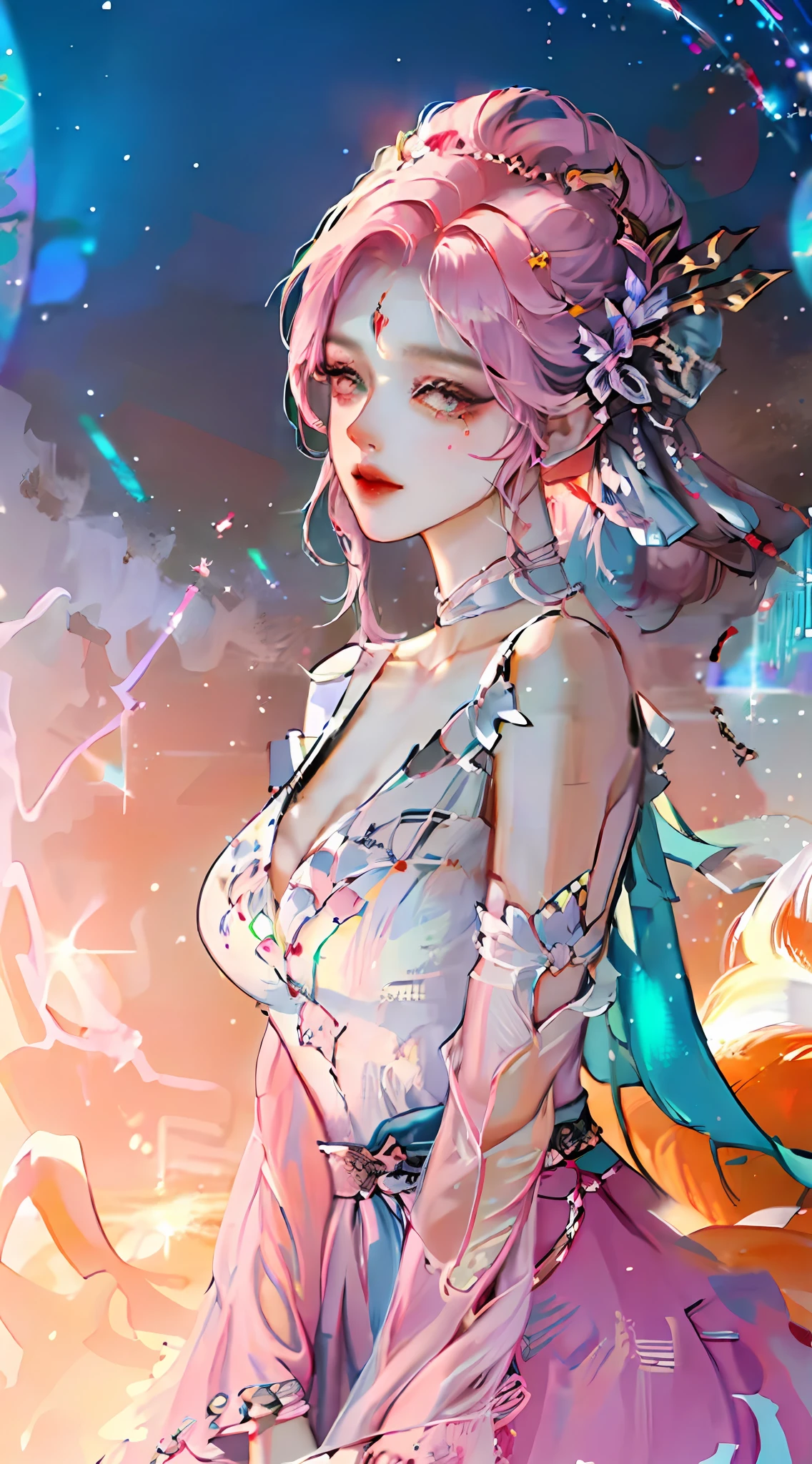 realisticlying，（masterpaintings，top Quority，optimal quality，offcial art，Beauty and aesthetics：1.2），very highly detailed，s fractal art，extremely colorful，Most detailed，Daji，（Abstract background：1.5），（Glory to Kings），（1girl huge large breasts：Whole human body），（Fox class）（Nine tails） ,Pink hair,Eyes,earnestly,Charming，Comb back,short-cut hair,,galactic,Dreamlike