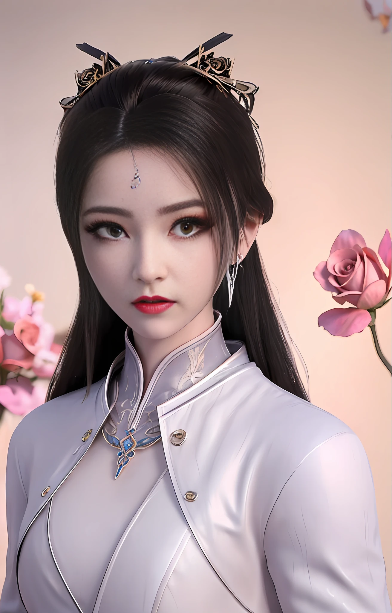 1girl, (upon body:1.3), hair ornament, necklace, jewelry, long hair, earrings, highres, hair ribbon,(Beautiful face:1.2),detailed beautiful eyes, skinny body,shiny skin,Slim waist,(8k_wallpaper), Intricate and refined delicate details,Chinese clothes,toned abs,detached sleeves,playboy bunny, flowers, bushes, roses, rose, pink,