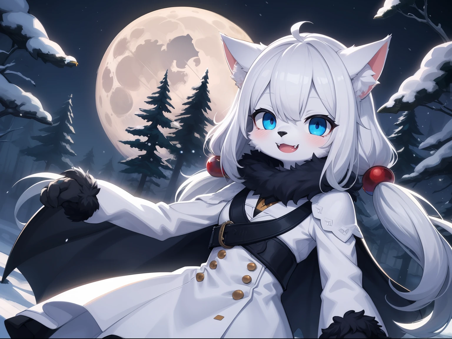 Cat Girl，was hairy，shaggy，Skin fur，White fur，Forelimb hands，hair splayed out，White ears，White face fur，White hair, hair splayed out, Shiny hair，Long hair，Hairline, low twintails，Blue eyes，Super cute face，Happy, full face blush, smiley，Empty eyes， Fangs，bat hair ornament，White dress，Ambient light，Ultra-fine fur，Volumetric eye, bangs, light and darkcontrast, ultra high def, 巨作, Super detail，Snowy forest，crow，Night，intergalactic，full moon，nevando，High quality, ultra high def, high resolucion, Anatomically correct