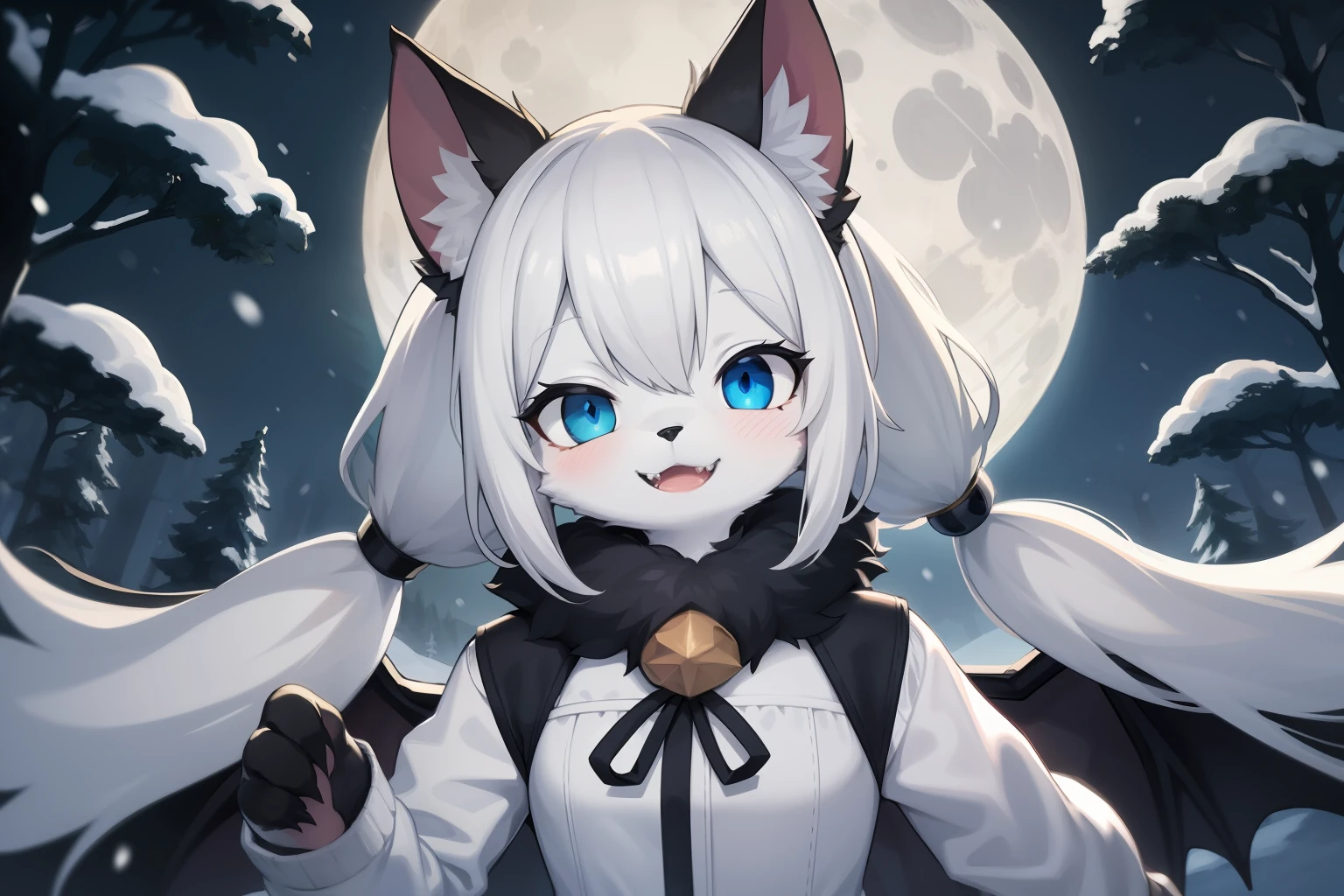 Cat Girl，was hairy，shaggy，Skin fur，White fur，Forelimb hands，hair splayed out，White ears，White face fur，White hair, hair splayed out, Shiny hair，Long hair，Hairline, low twintails，Blue eyes，Super cute face，Happy, full face blush, smiley，Empty eyes， Fangs，bat hair ornament，White dress，Ambient light，Ultra-fine fur，Volumetric eye, bangs, light and darkcontrast, ultra high def, 巨作, Super detail，Snowy forest，crow，Night，intergalactic，full moon，nevando，High quality, ultra high def, high resolucion, Anatomically correct