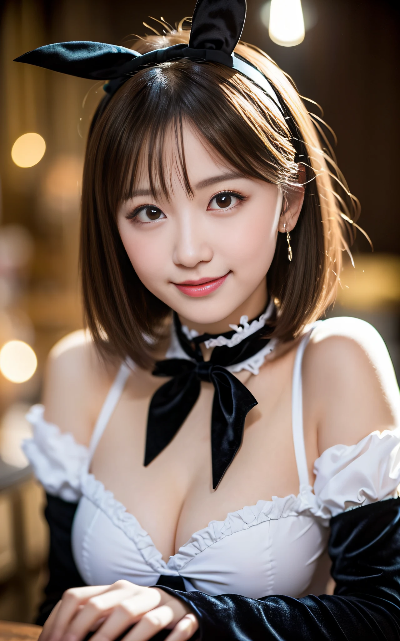 8K, Black velvet bunny girl costume, velvet, a 20 yo woman, Bokeh background, bokeh feeling, Girl's room, a smile, White Skin Skin, A pretty girl, breasts on table, White choker and black bow tie, White cuffs, Short twin tail hair