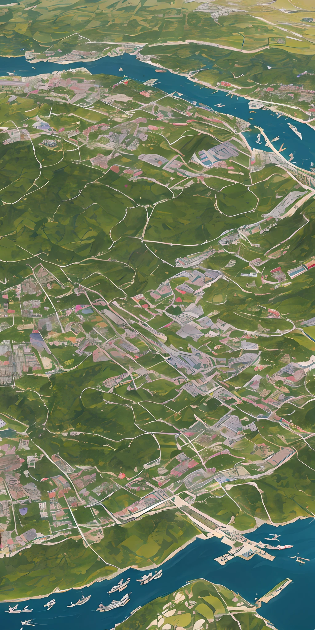 Qingming upper river map, horizontal layout, high resolution, best quality, super detail, dynamic angle, floating, bustling cityscape, intricate details, historical buildings, flowing river, bright colors, volumetric lighting, crowded boats and bridges, rich cultural background.