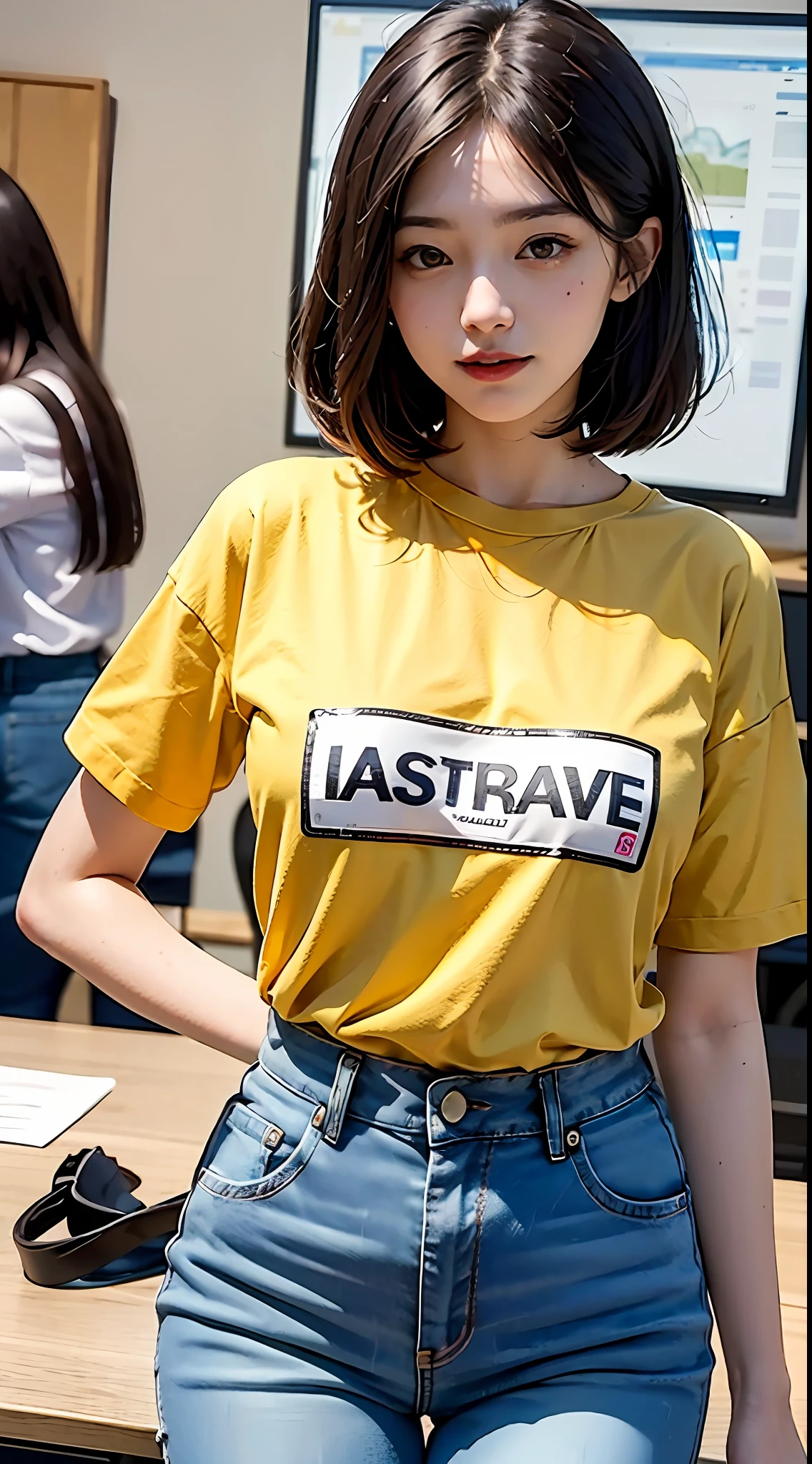 optimal quality，masterpaintings，ultra-high-resolution，（fidelity：1.4），Original photo，office room，Dress conservatively，short-cut hair，Air bangs，1 young girl，cinamtic lighting，Bright yellow striped shirt，Denim pants，Employee badge on the chest，