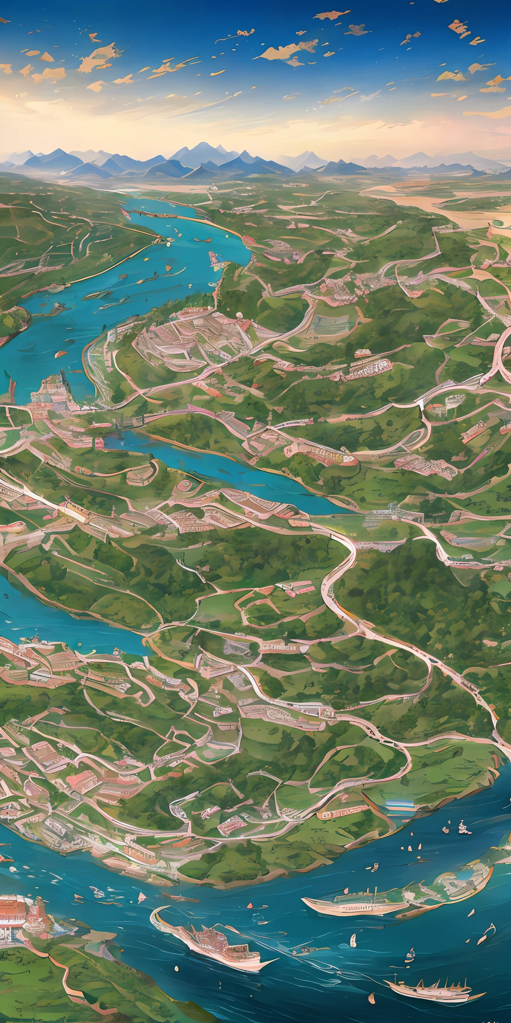 Qingming upper river map, horizontal layout, high resolution, best quality, super detail, dynamic angle, floating, bustling cityscape, intricate details, historical buildings, flowing river, bright colors, volumetric lighting, crowded boats and bridges, rich cultural background.