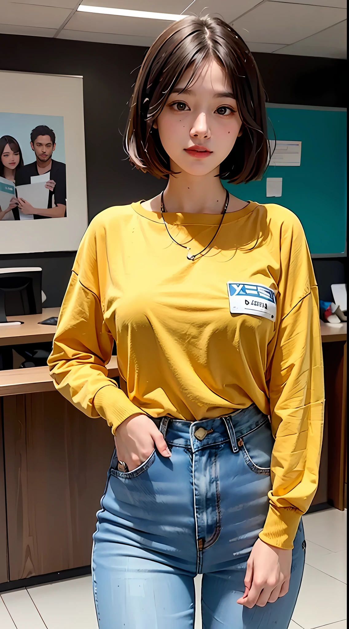 optimal quality,masterpaintings,ultra-high-resolution,(fidelity:1.4),Original photo,office room,Dress conservatively,short-cut hair,Air bangs,1 young girl,cinamtic lighting,Bright yellow striped shirt,Denim pants,Employee badge on the chest,