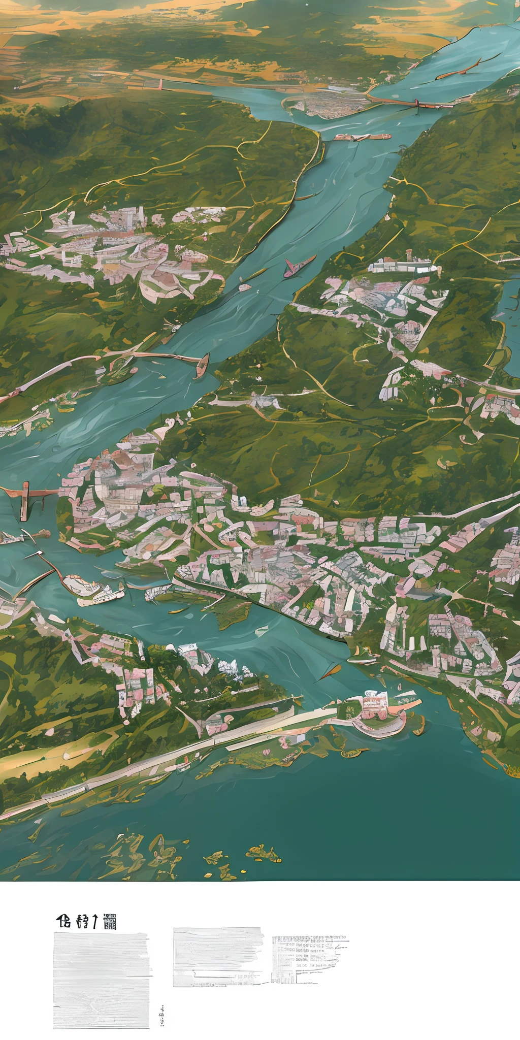Qingming upper river map, horizontal layout, high resolution, best quality, super detail, dynamic angle, floating, bustling cityscape, intricate details, historical buildings, flowing river, bright colors, volumetric lighting, crowded boats and bridges, rich cultural background.
