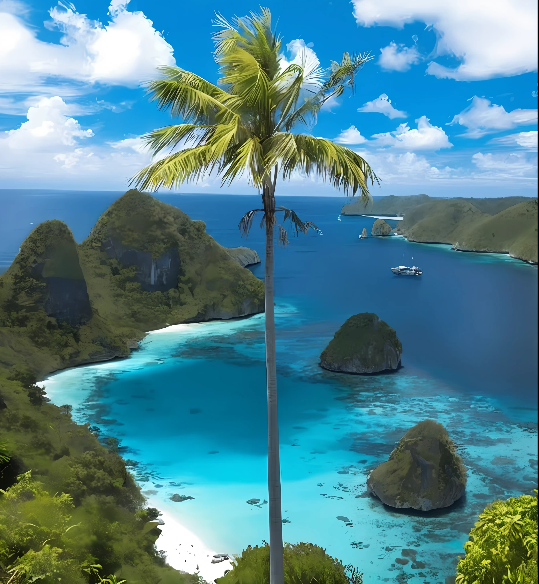 arafed palm tree on a cliff overlooking a tropical beach, indonesia, paradise in the background, indonesia national geographic, beautiful place, tropical location, breathtaking scenery, tropical paradise, tropical landscape, stunning view, amazing view, stunning scenery, instagram post, beautiful view, incredibly beautiful, beautiful environment, view, wonderful masterpiece, tropical island, epic and stunning, island landscape