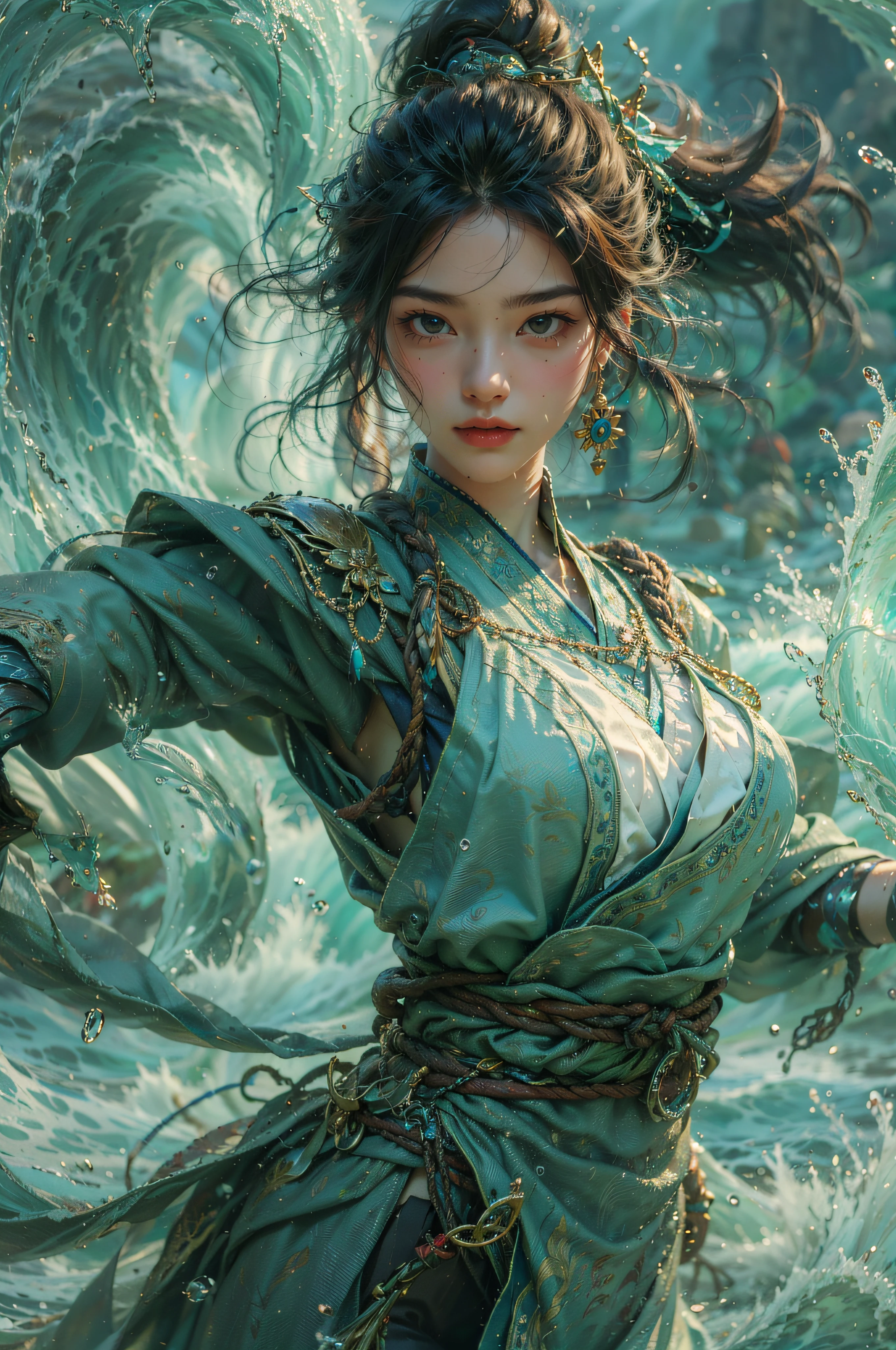 Arafard image of a woman in a green dress，The background is waves, Ross Tran 8 K, by Yang J, digital fantasy art ), Fantasy art style, Beautiful digital artwork, 8K stunning artwork, Beautiful character painting, trending digital fantasy art, closeup fantasy with water magic, Fanart Meilleure ArtStation, Asian Woman Water Elemental