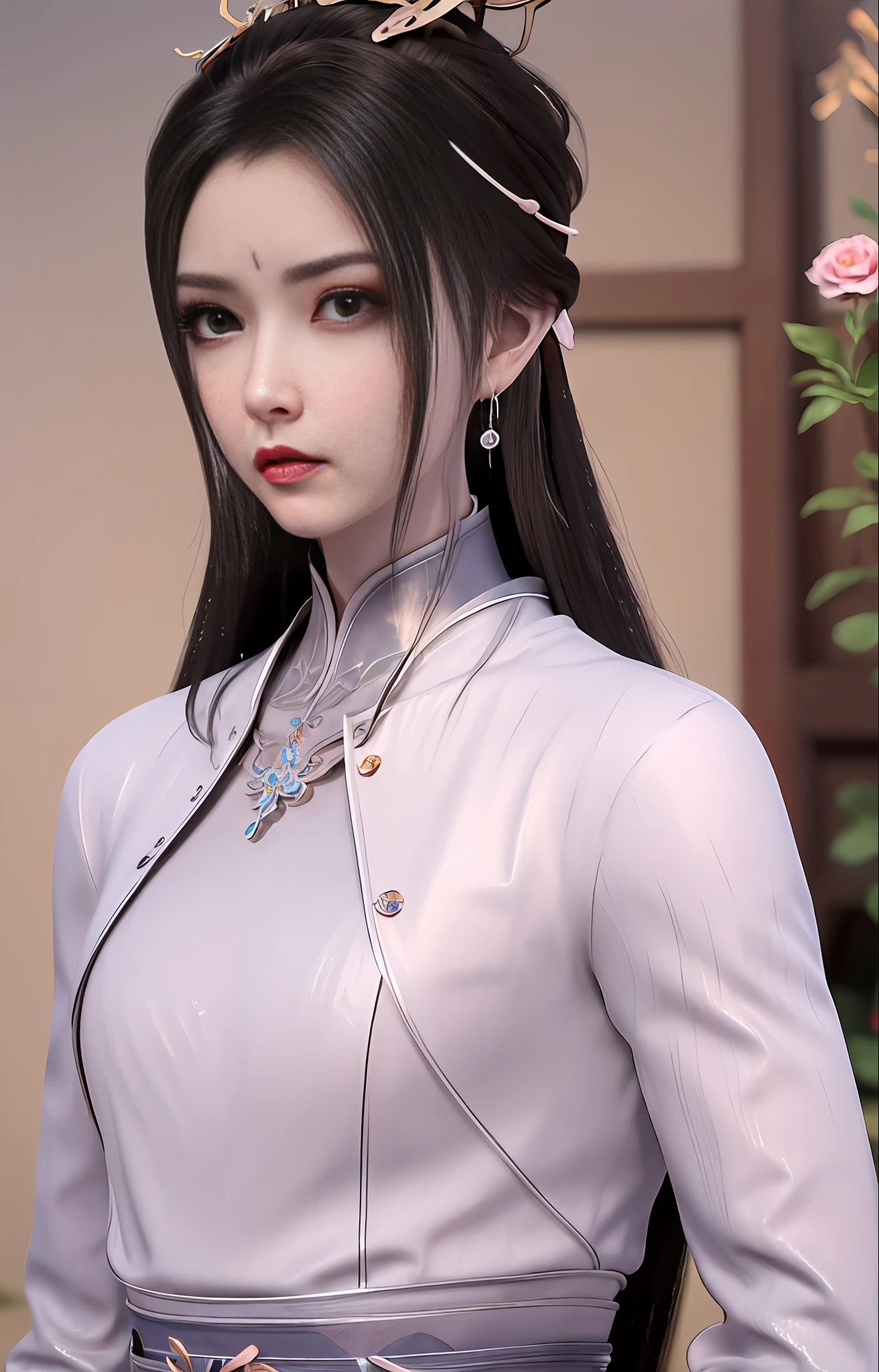 1girl, (upon body:1.3), hair ornament, necklace, jewelry, long hair, earrings, highres, hair ribbon,(Beautiful face:1.2),detailed beautiful eyes, skinny body,shiny skin,Slim waist,(8k_wallpaper), Intricate and refined delicate details,Chinese clothes,toned abs,detached sleeves,playboy bunny, flowers, bushes, roses, rose, pink,