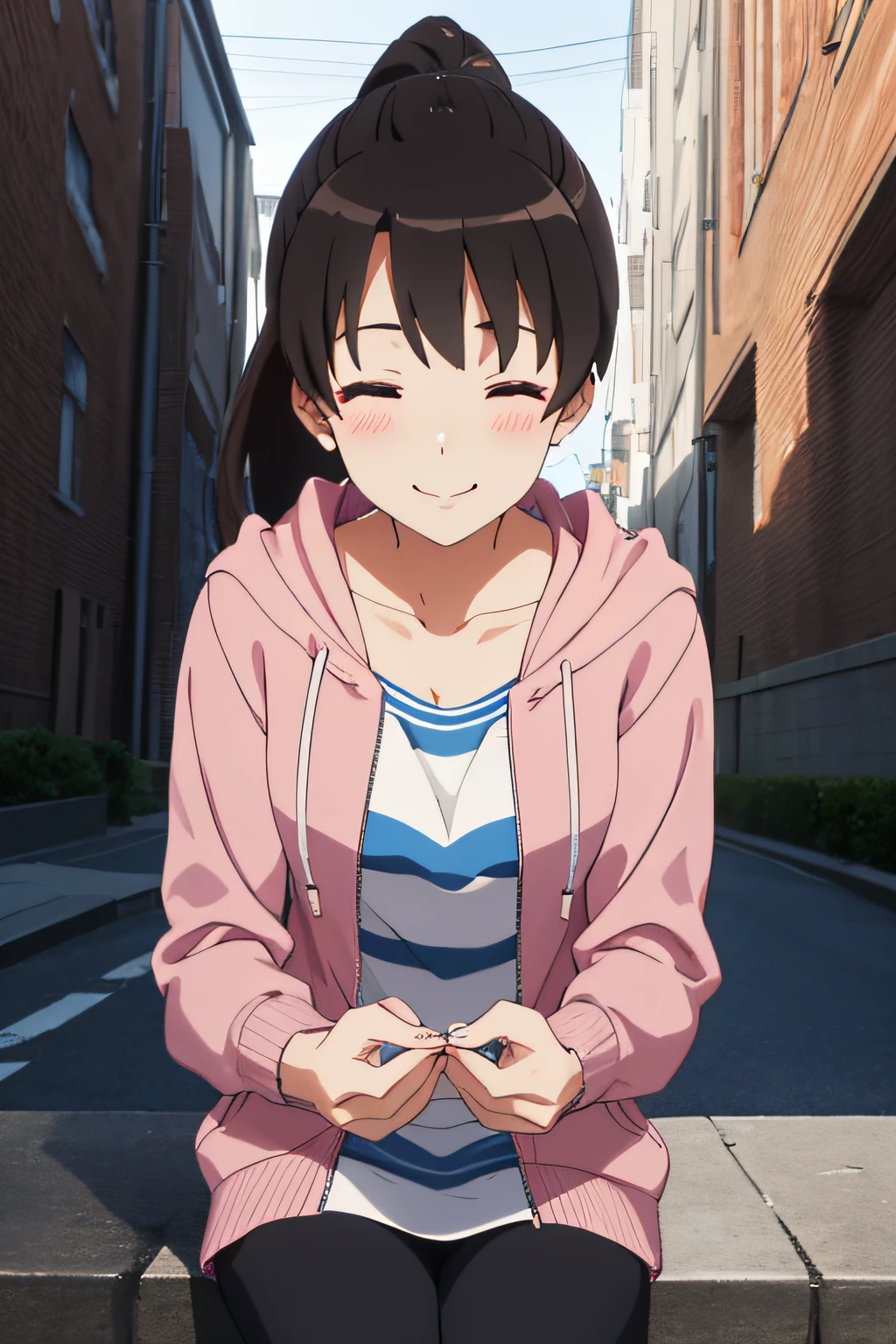 (masterpiece:1.6, best quality), (finely detailed beautiful eyes: 1.2), ph_katou, katouhdshort, 1girl, katoush , solo, closed eyes, smile, ponytail, shirt, jacket, collarbone, open clothes, black hair, long hair, bangs, hoodie, brown hair, closed mouth, striped, white shirt, open jacket, hood down, blush, hooded jacket, facing viewer, pink jacket, ^_^, striped shirt, long sleeves, anime coloring