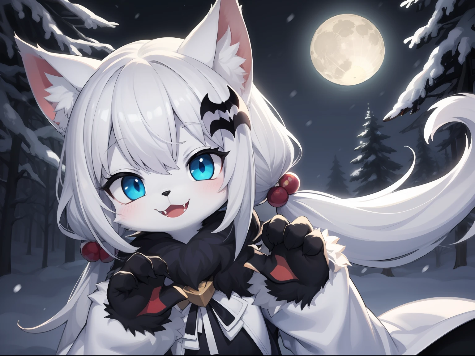 Cat Girl，was hairy，shaggy，Skin fur，White fur，Forelimb hands，hair splayed out，White ears，White face fur，White hair, hair splayed out, Shiny hair，Long hair，Hairline, low twintails，Blue eyes，Super cute face，Happy, full face blush, smiley，Empty eyes， Fangs，bat hair ornament，White dress，Ambient light，Ultra-fine fur，Volumetric eye, bangs, light and darkcontrast, ultra high def, 巨作, Super detail，Snowy forest，crow，Night，intergalactic，full moon，nevando，High quality, ultra high def, high resolucion, Anatomically correct