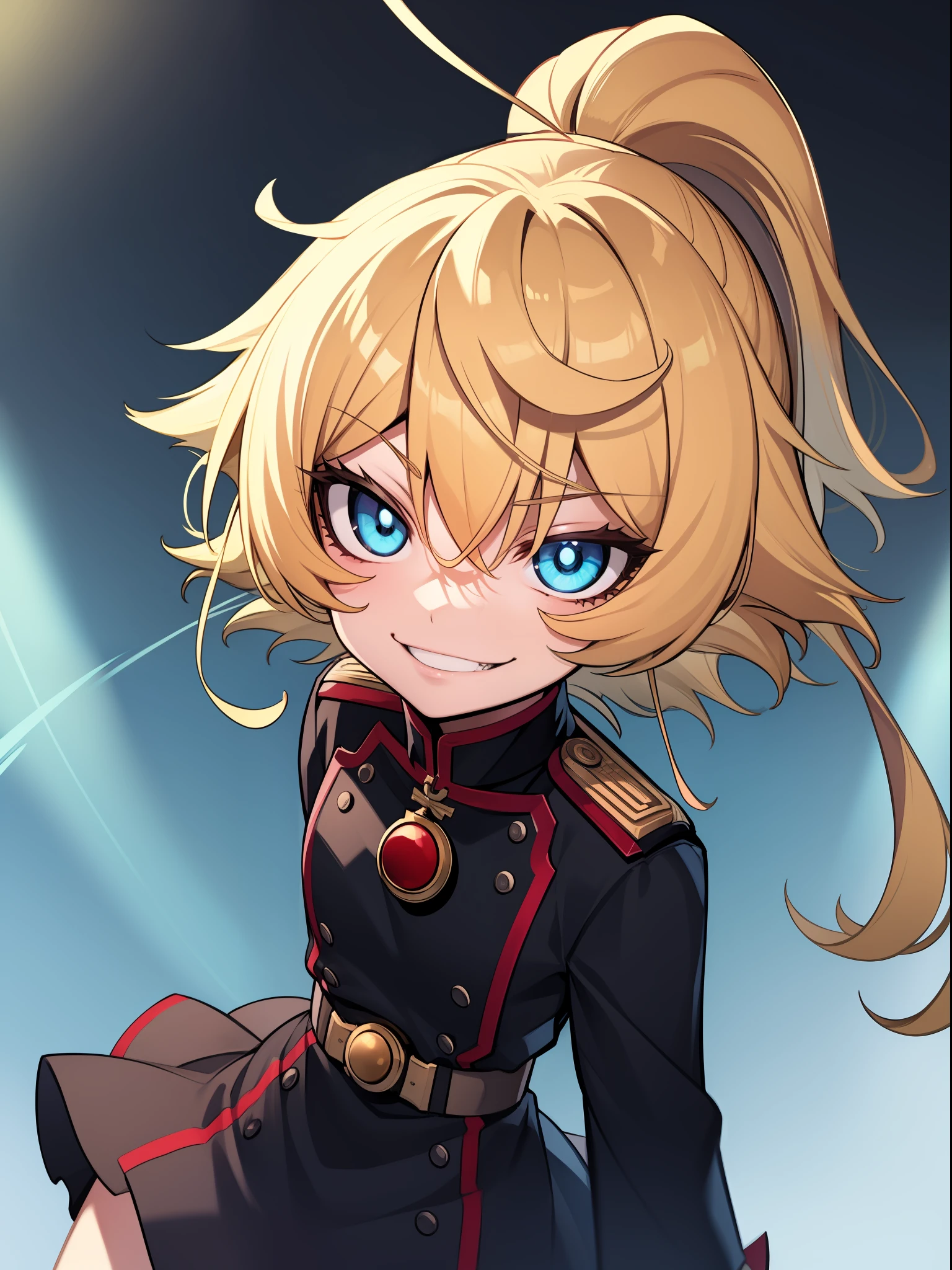 tanya degurechaff, miitar uniform, evil smile, small stature, killer eyes, psychotic eyes