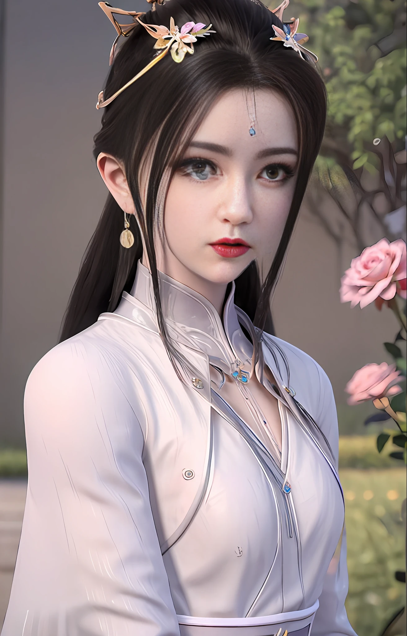 1girl, (upon body:1.3), hair ornament, necklace, jewelry, long hair, earrings, highres, hair ribbon,(Beautiful face:1.2),detailed beautiful eyes, skinny body,shiny skin,Slim waist,(8k_wallpaper), Intricate and refined delicate details,Chinese clothes,toned abs,detached sleeves,playboy bunny, flowers, bushes, roses, rose, pink,