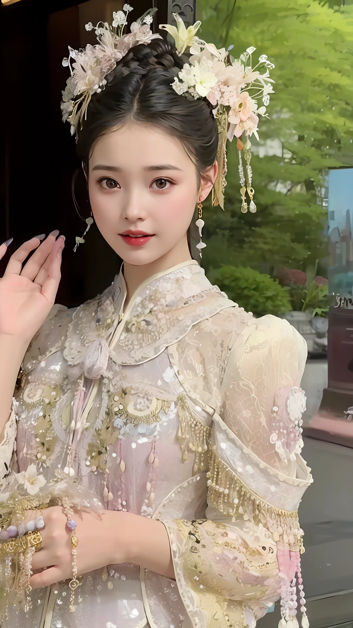 Close-up of a woman in a dress，A flower stuck in his hair, Wearing Gorgeous Costume, royal palace ， A girl in Hanfu, a beautiful fantasy empress, wearing ornate silk clothes, shaxi, dilraba dilmurat, on cheongsam, China Princess, Chinese style, ruan jia beautiful!, Inspired by Huang Ji, 2 0 2 0 fashion