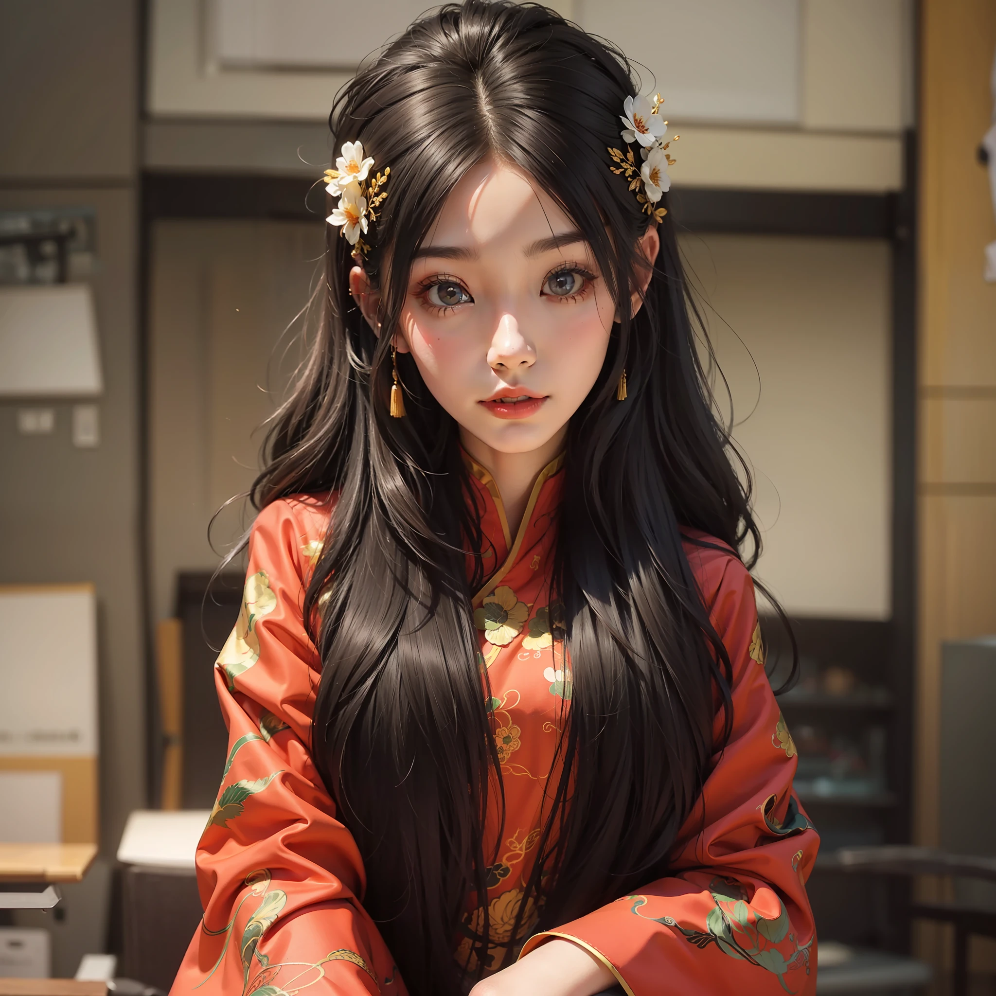 Sweet cute black long straight hair Chinese costume girl