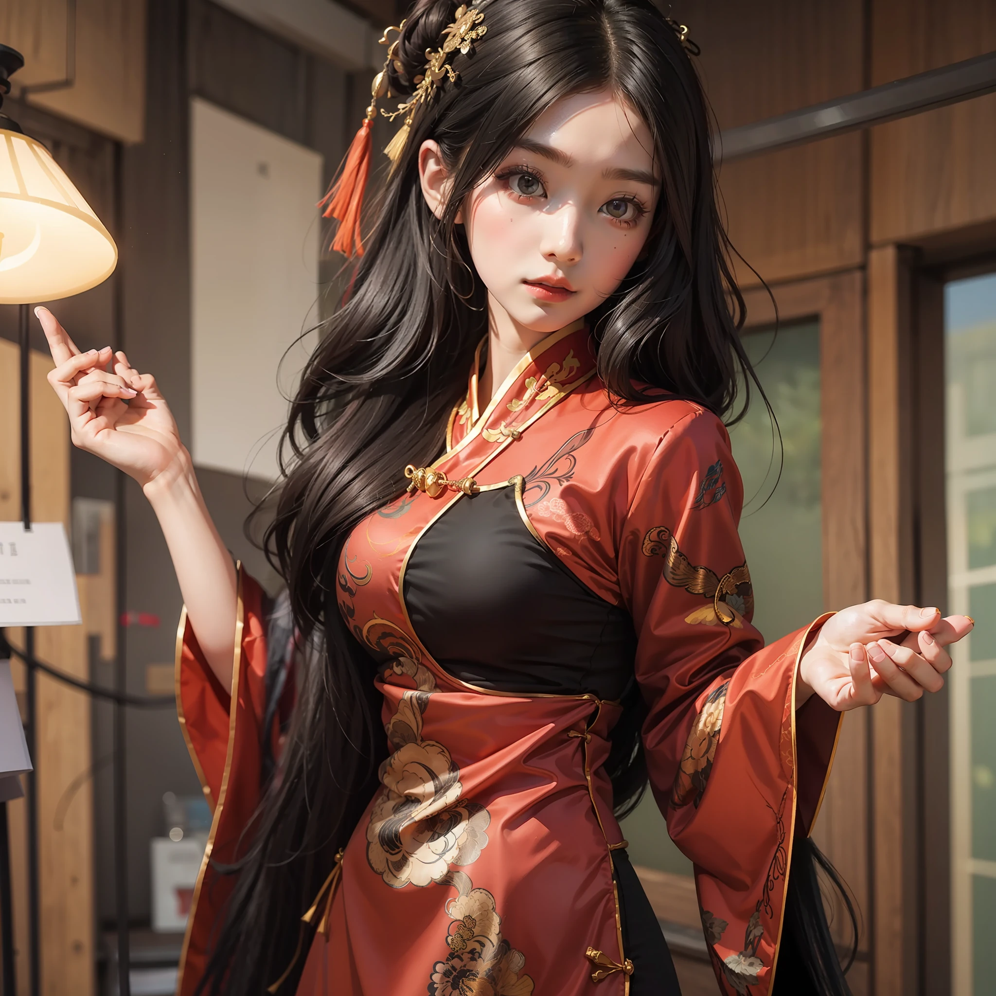 Sweet cute black long straight hair Chinese costume girl