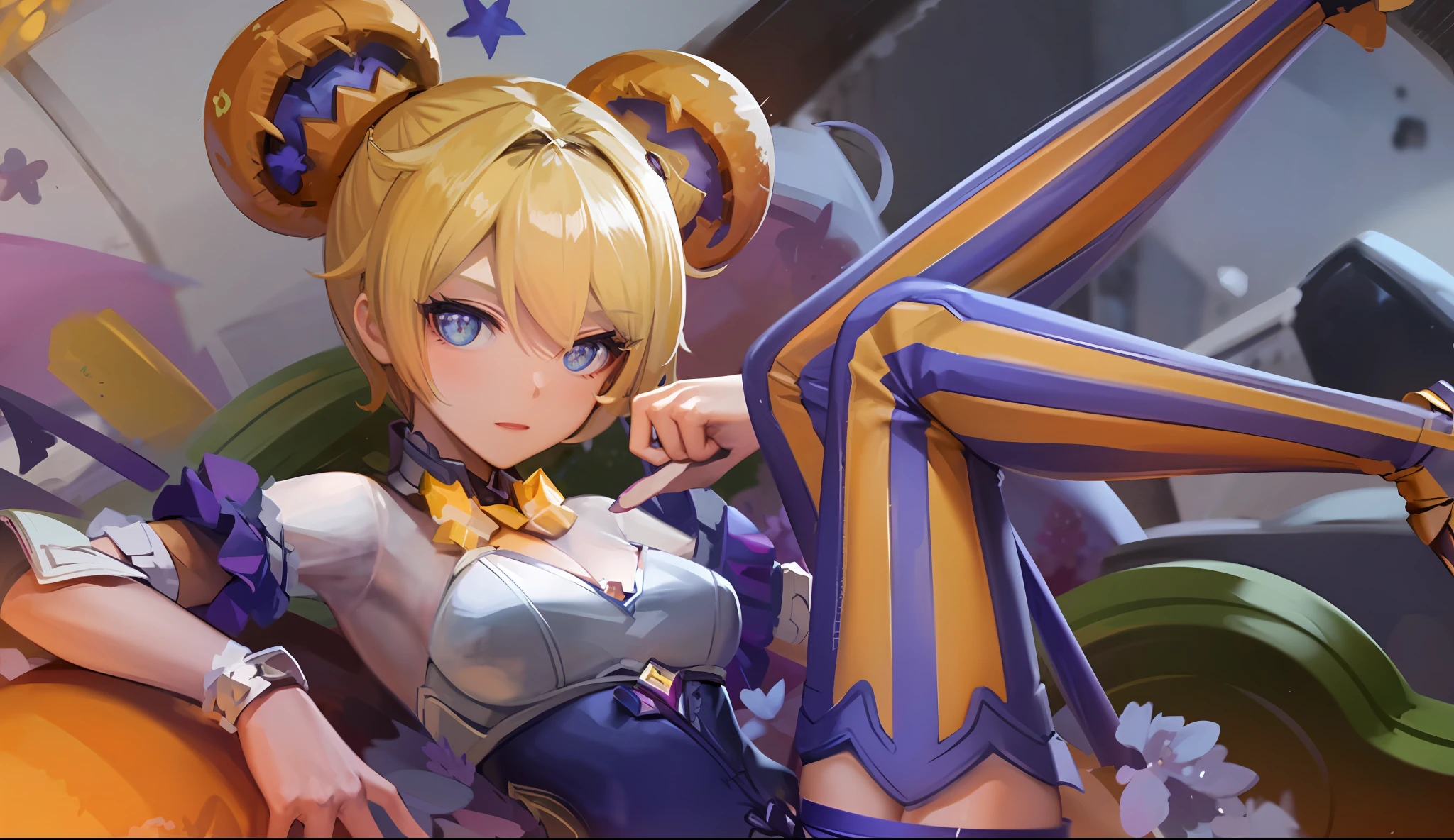 um close up de uma mulher em um traje deitado em uma cama, splash arte anime loli, Orianna, KDA, Annie, de League of Legends, Artgerm extremamente detalhado, portrait knights of zodiac girl, arte oficial, Fanart, aj, cushart krenz arte chave feminina, Serafim Ahri KDA, e 2K Cutecore Clowncore