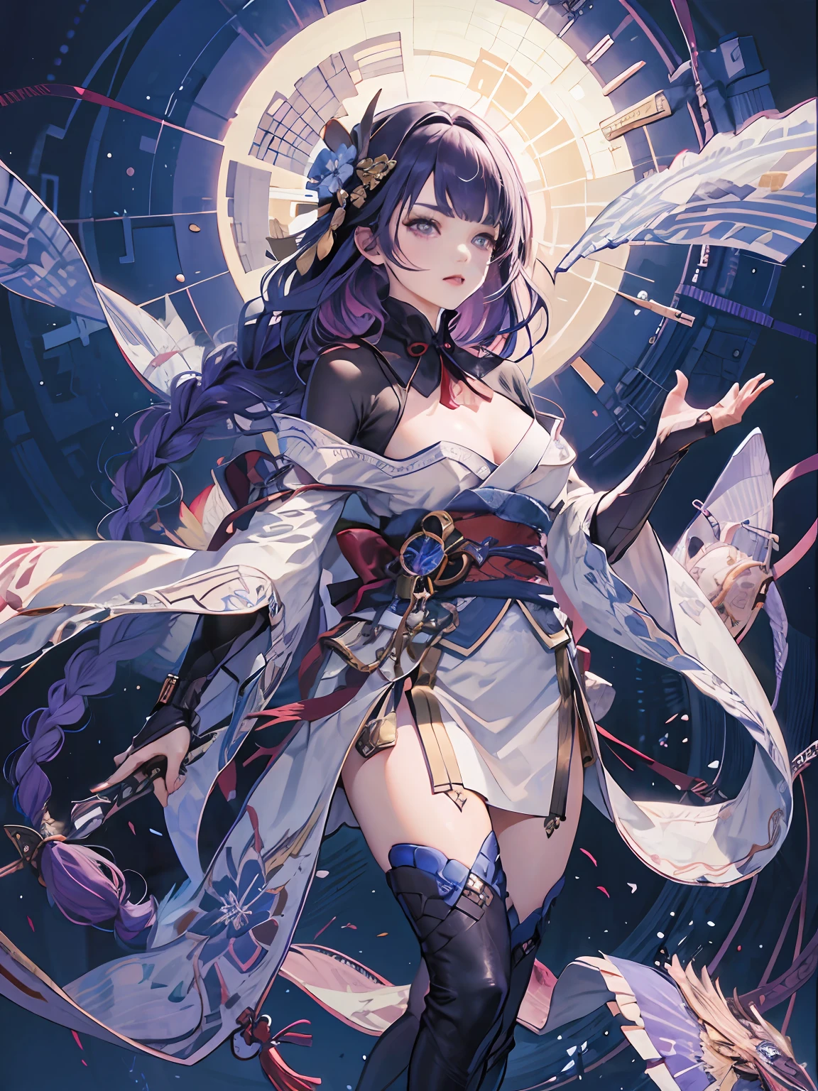 purple hair long braid, open short kimono, white and purple clothes, medieval japan, dramatic lighting