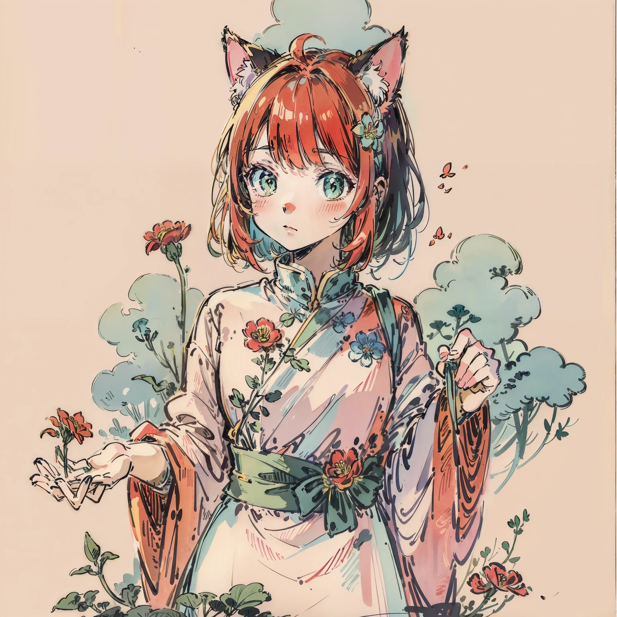 Anime Pictures。Delicate lines。Bright and refreshing shades。Cute cat-eared girl about 18 years old。Deformed illustration。Design composition with the image of colorful flowers。Extremely high quality、high picture quality、A masterpice、Best-aesthetic