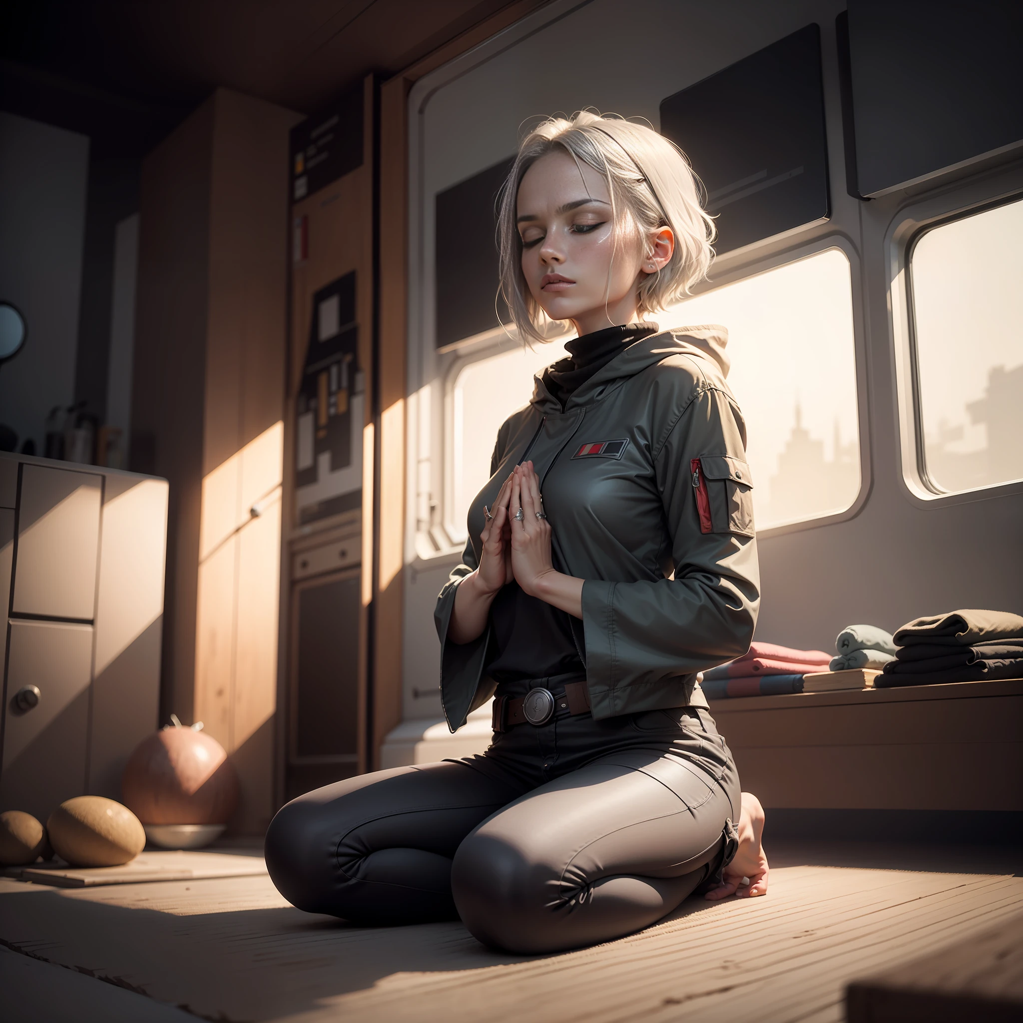Femme Jedi, 30 ans, short silver hair, Meditating, on knees, in prayer, dans un vaisseau spatial, plan large