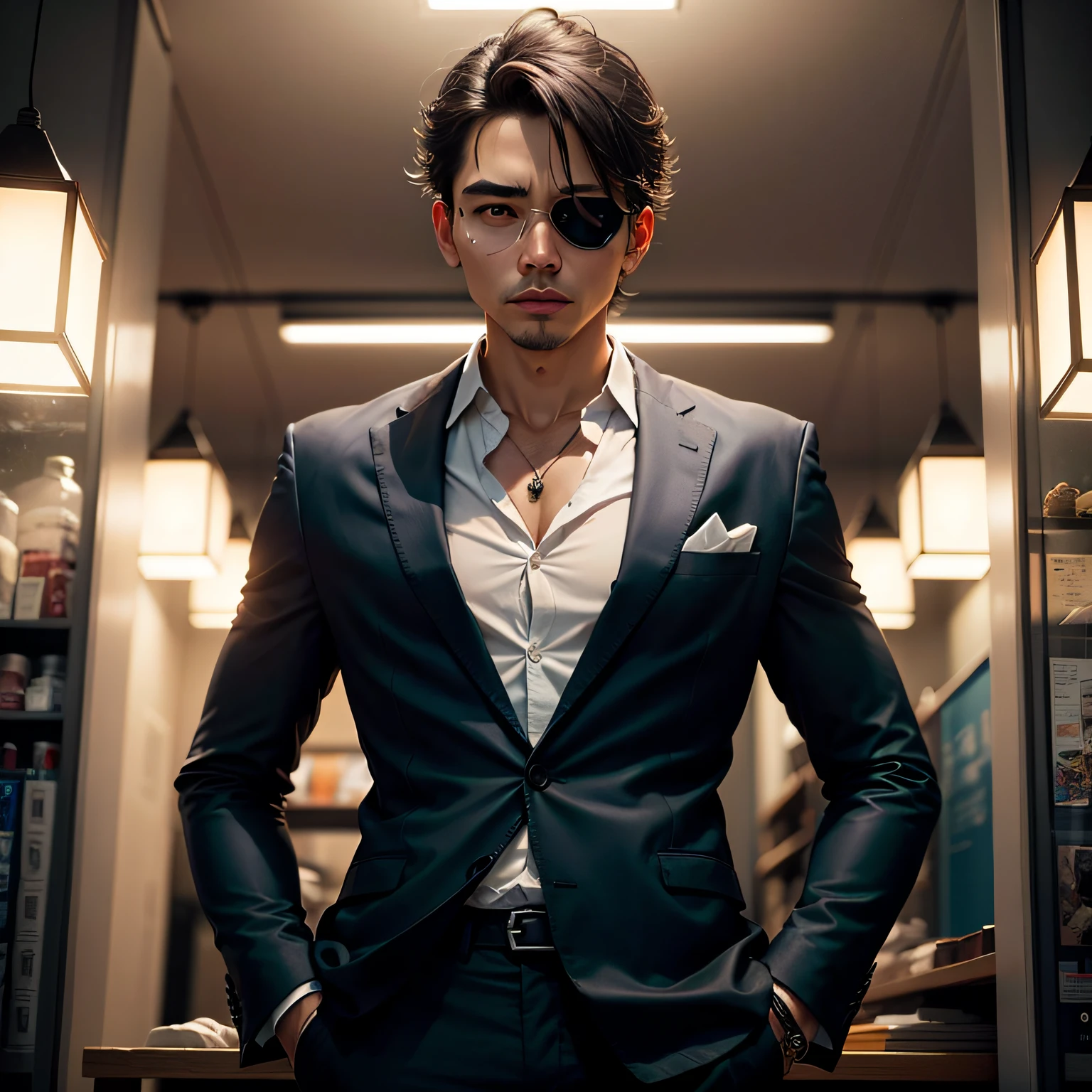 最好质量、A masterpice、Hi-Res、1boys、English style、an eye patch、suits、neckless、、Beautiful face、Body Up、Tindall Effect、photoreallistic、Dark Studio、Rim Lighting、Two-tone lighting、(High Detail Skins:1.2)、8k UHD、DSLR、Soft lighting、highly quality、volume illumination、Frankness、a photo、Hi-Def、4k、8k、Bokeh、、 --auto