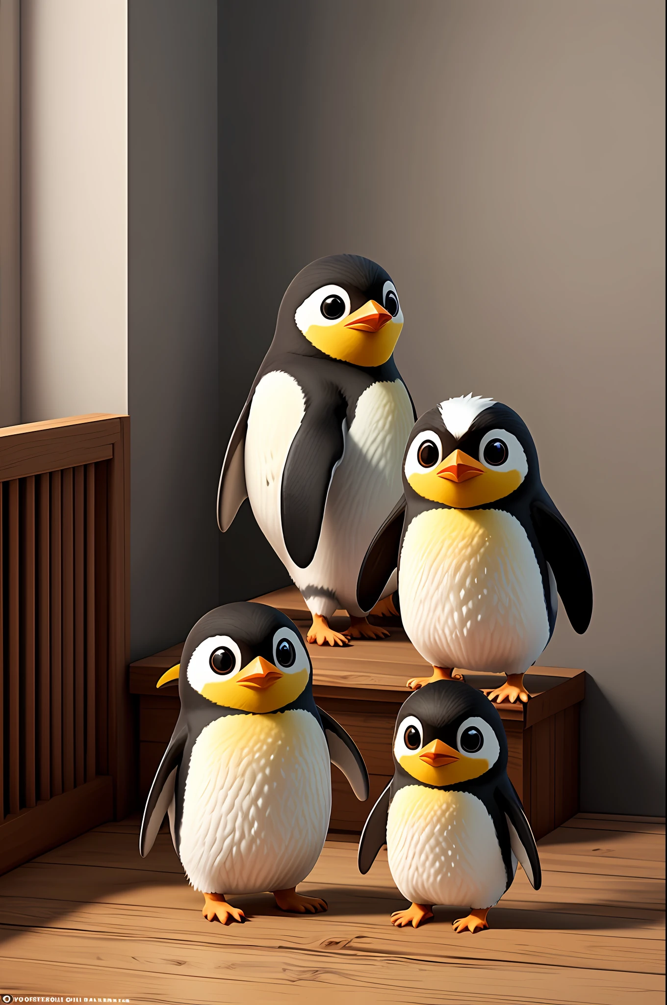 Cute adorable penguins that wave and greet you with a smile、Unreal Engine、Cozy interior lighting、Art Station、Detailed digital painting、Cinematic、Mark Leiden、Pixar、Character design by Hayao Miyazaki、Unreal 5、daz、Hyper-realistic、Octane Render、3DMDT1