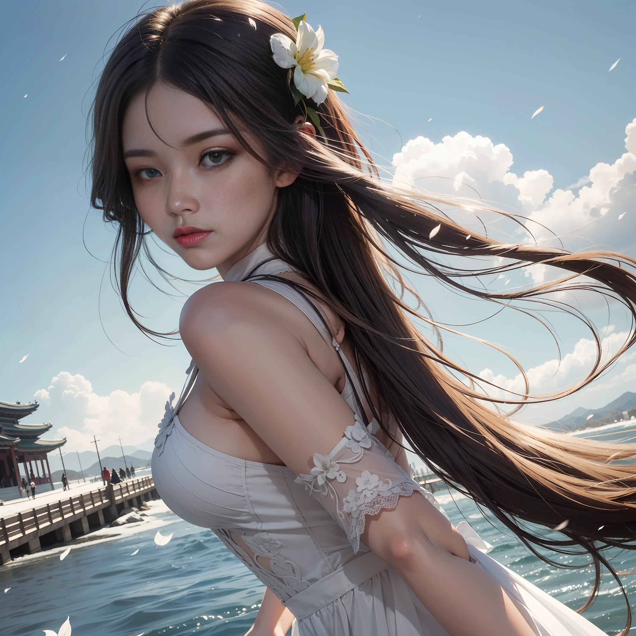 Gyeongbokgung，atlantean，Beautie，Yue Wang Gou Jian sword，martial，Aerocoagulation，Blow flowers，flying snow，Best quality, Master, high resolucion, Wuxia 1girl,Delicate sheer gauze garment，Delicate sheer gauze dress, Super beautiful face, super beautiful eye, Super beautiful hair Super beautiful face，Super beautiful eyes，Super beautiful hair，Cloud sideburns，