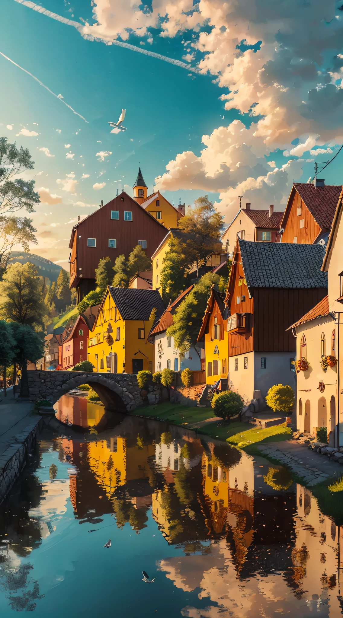 Painting of a river running through a small town with a bridge - SeaArt AI